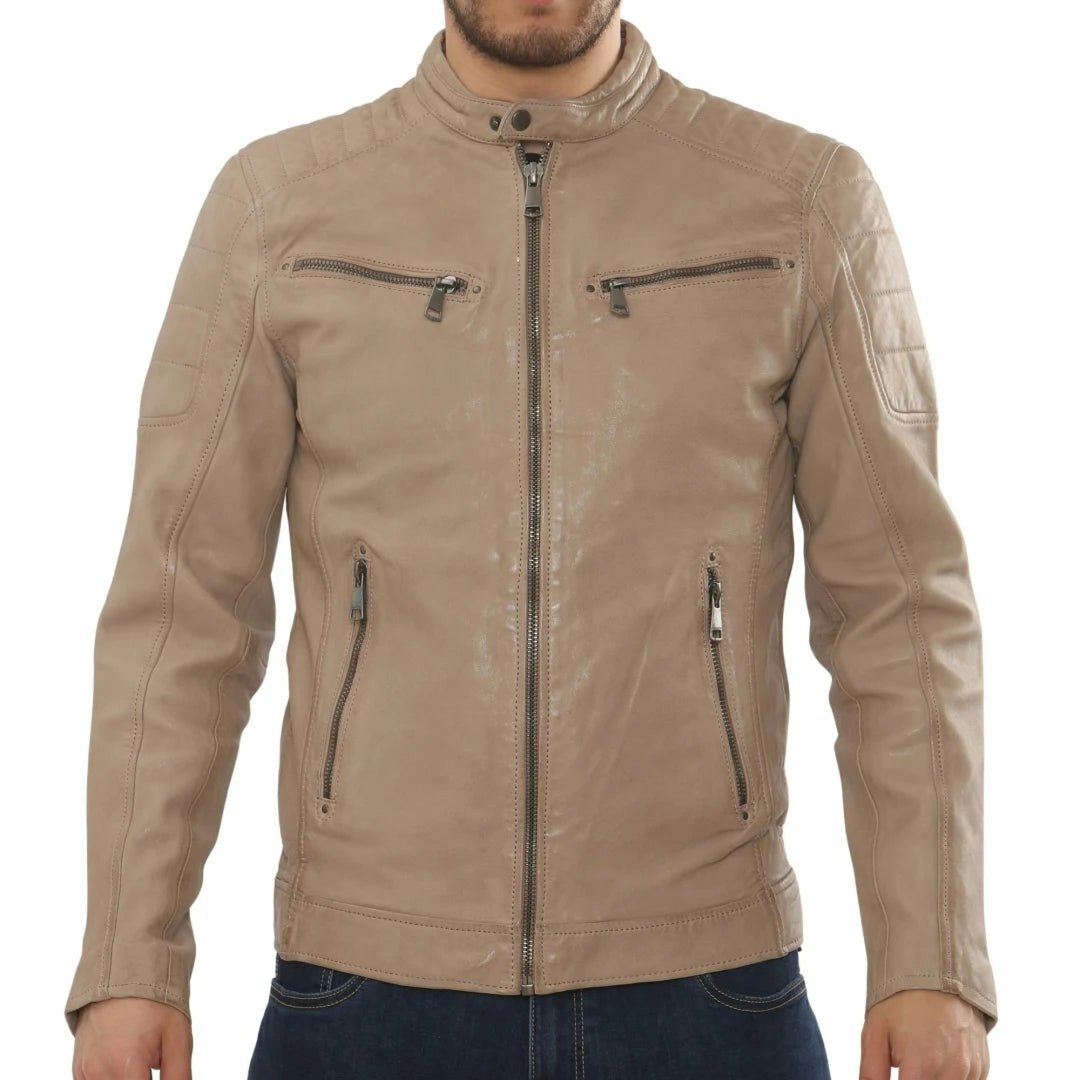 Infinity Leather Men's Beige Leather Company Lambskin Leather Motorcycle Jacket Slim Fit Biker Coat - 5XL