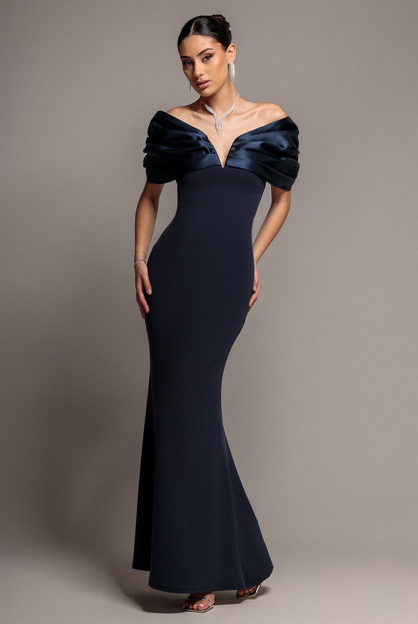 Goddiva Blue Satin Plunge Neck Bardot Scuba Maxi Dress - Navy By - Navy - 14