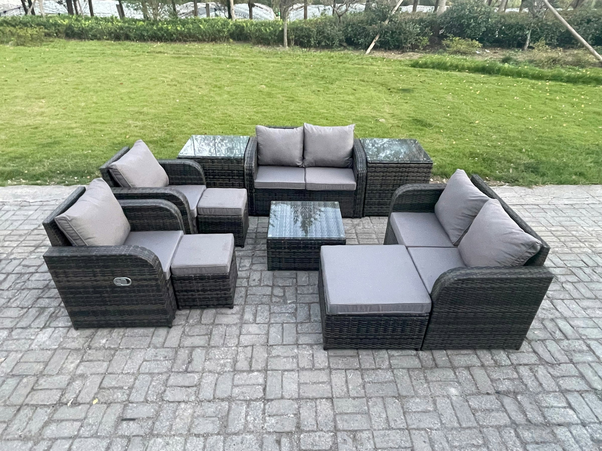 Rackhams Dark/Grey Garden Furniture Set Rattan Outdoor Lounge Sofa Chair With Tempered Glass Table 3 Footstools 2 Side Tables Mixed