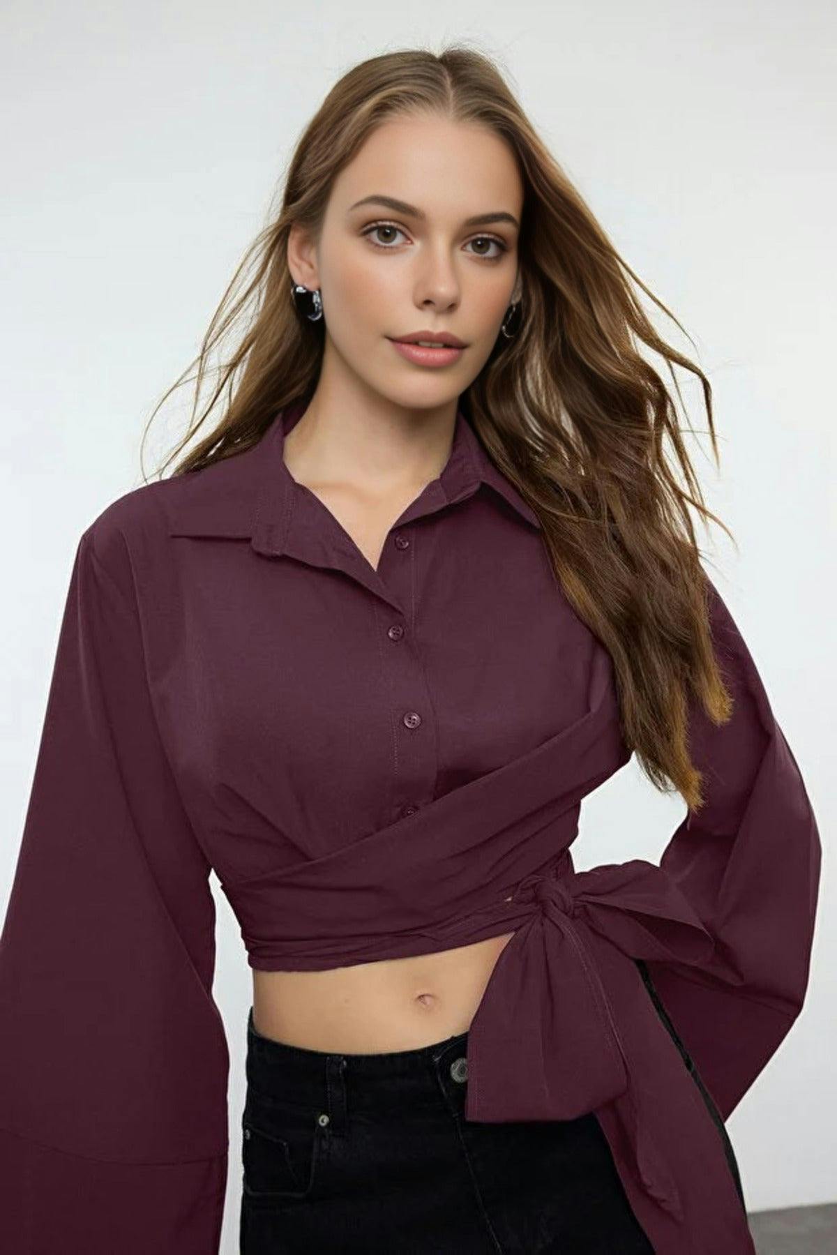 Wovcor Regular Fit Woven Shirt With Tie Detail - Plum - 14