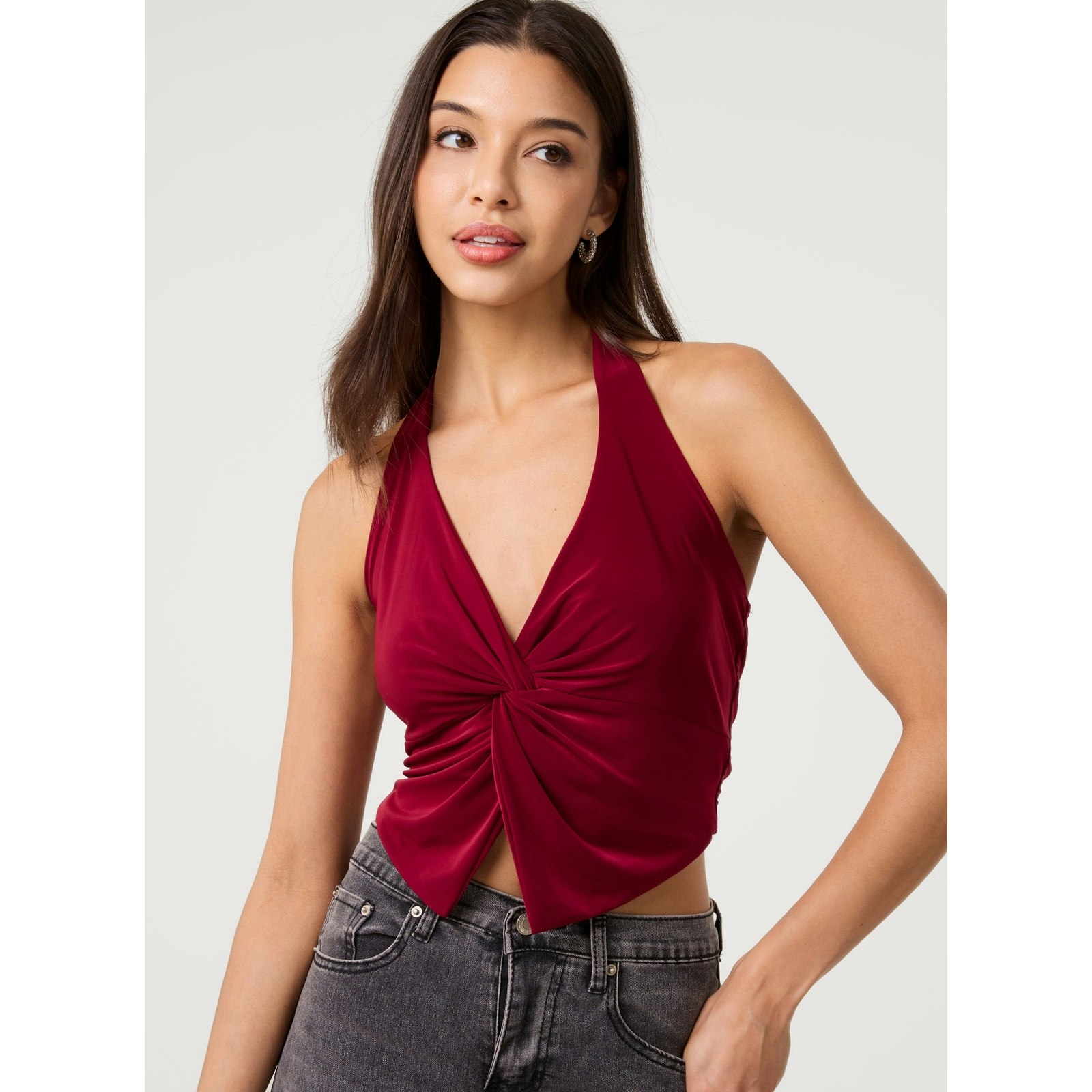 Pink Vanilla Knot Front Halter Top - L - Wine