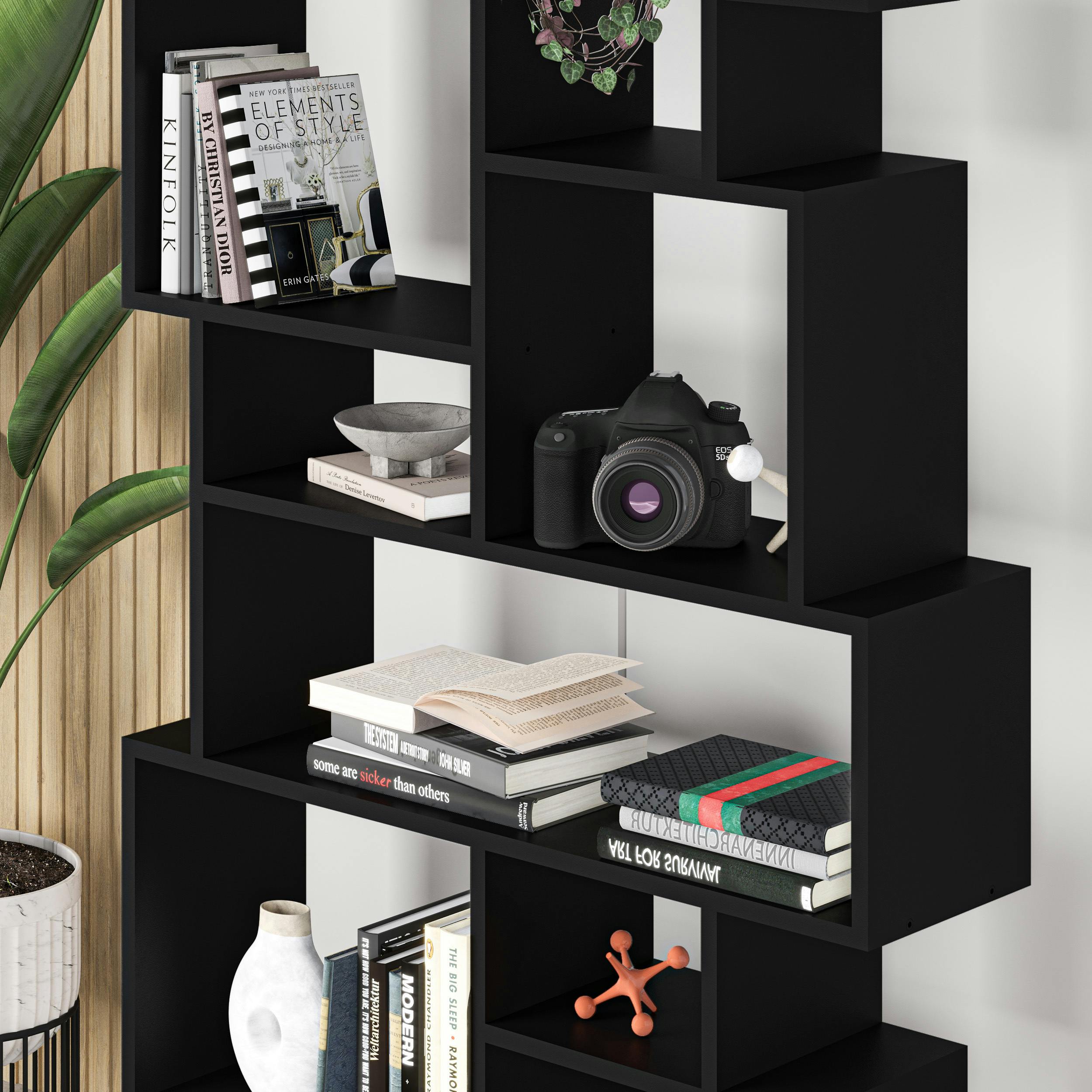 Decortie Black Karmato Modern Bookcase Display Unit With 10 Compartments 168.5Cm Tall