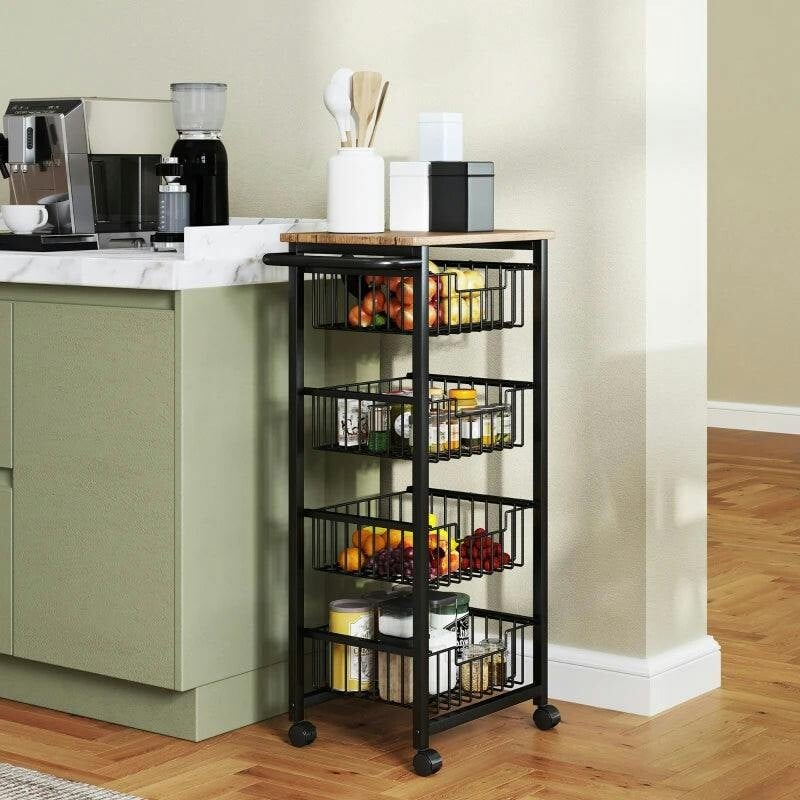 Rackhams Black 4-Tier Kitchen Island On Wheels With 4 Pull-Out Baskets, Oak - Oak - Image 6