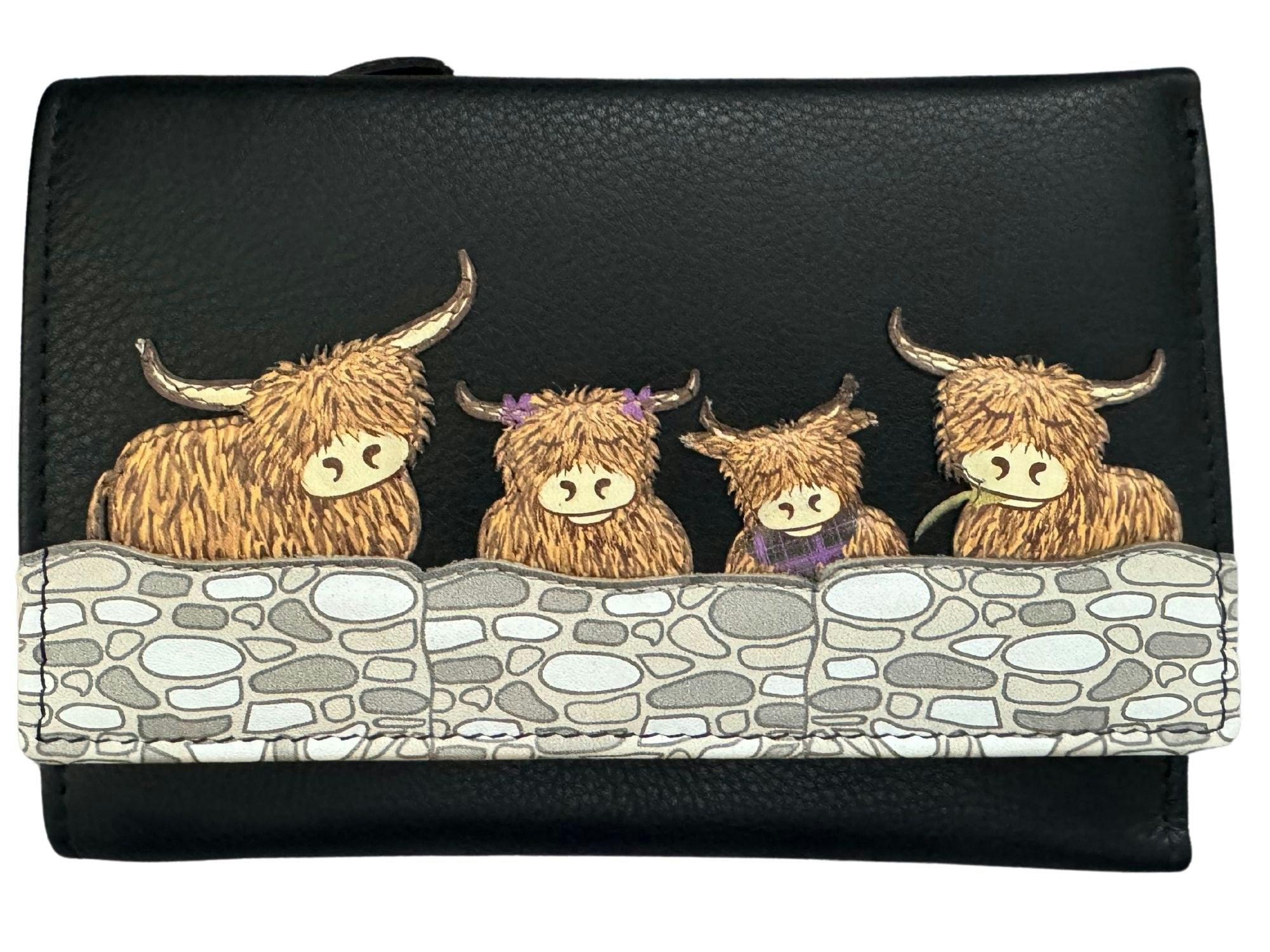 Mala Leather Black Highland Cow Family Rfid Large Trifold Leather Purse