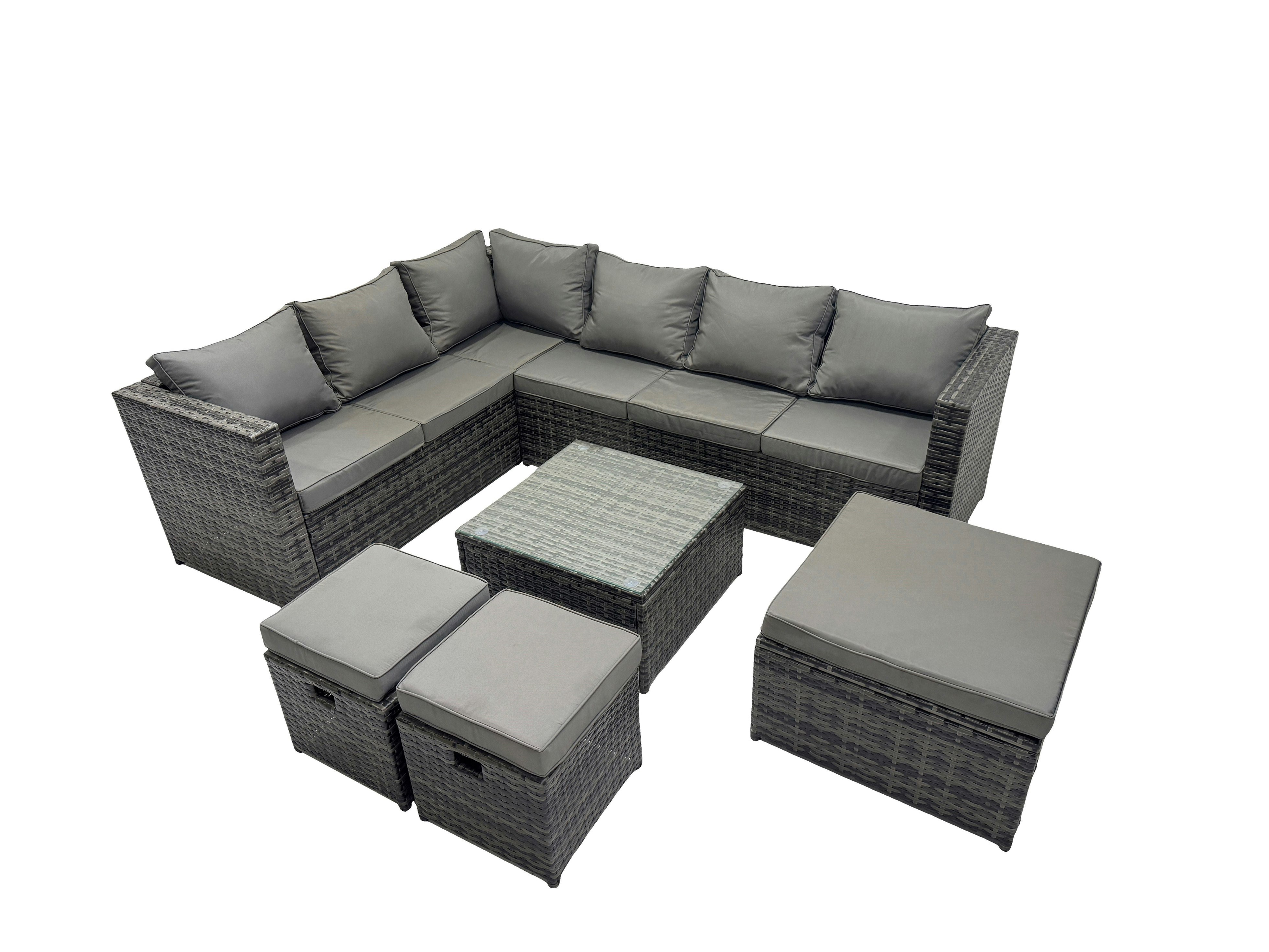 Rackhams Dark/Grey Rattan Garden Furniture Patio Furniture Sets With Corner Sofa Square Coffee Table 3 Footstools Mixed