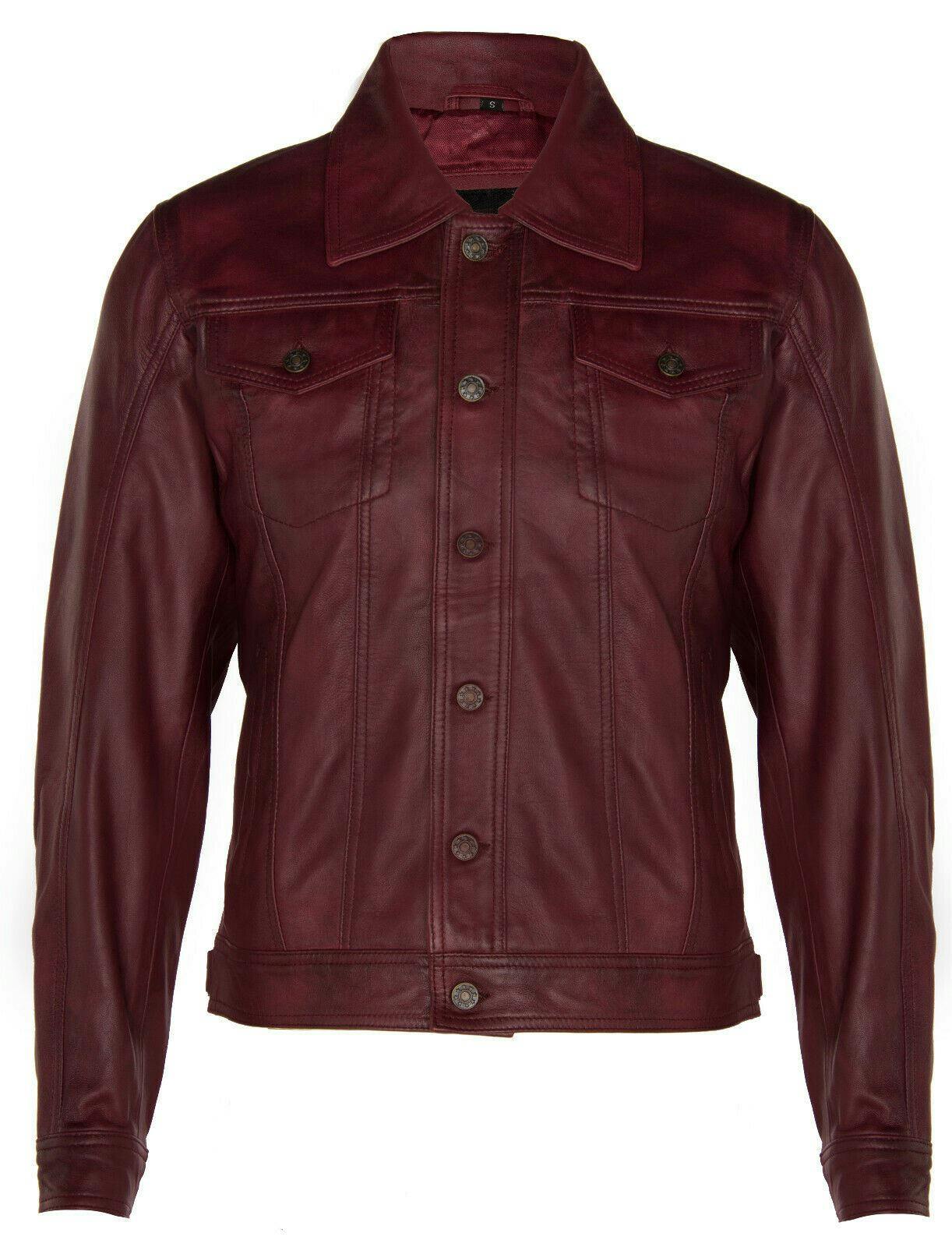 Infinity Leather Men's Burgundy ’S Retro Leather Trucker Jacket-Constantine - Uk S | Eu 46 | Us 36