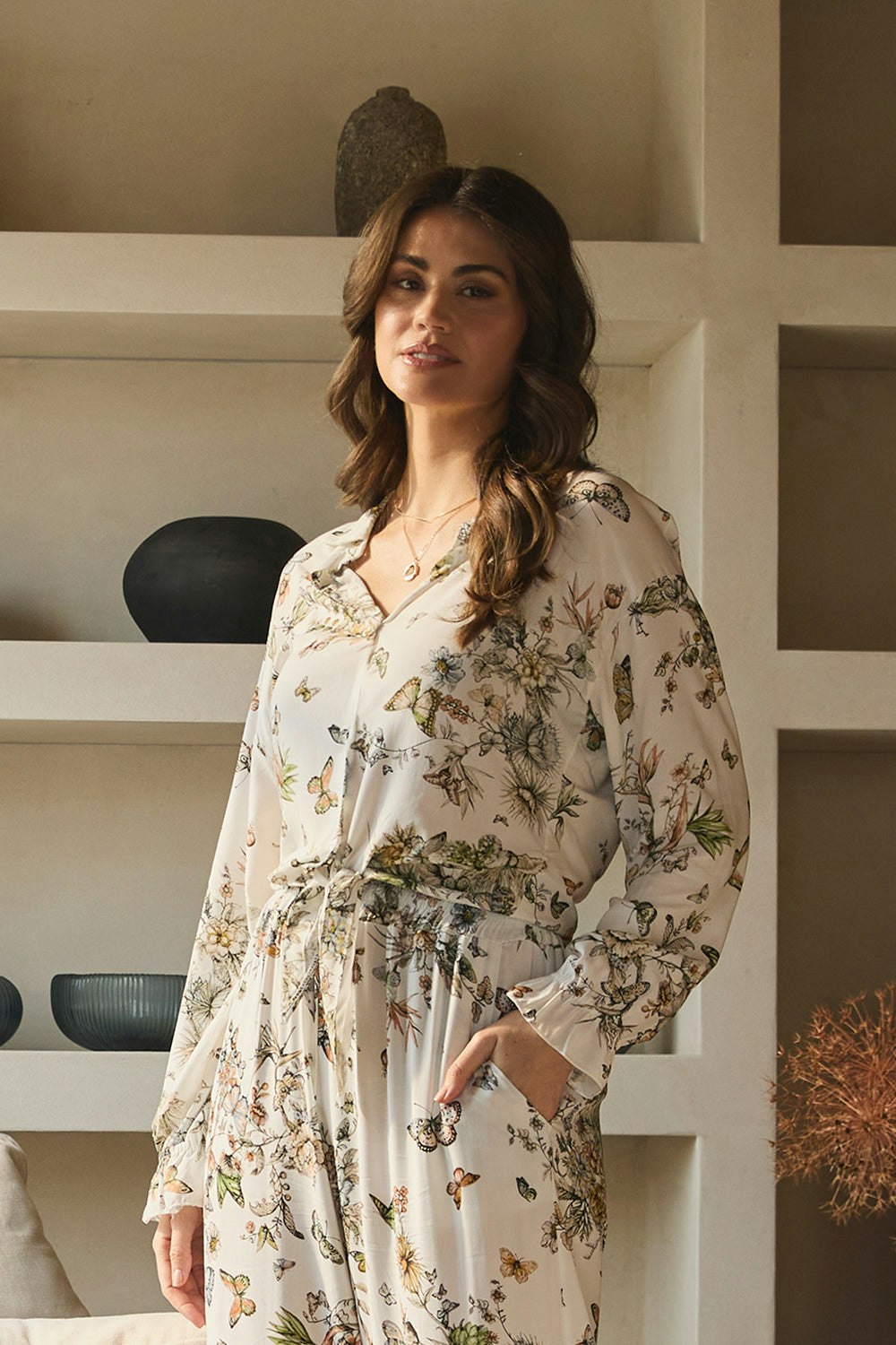 Izabel London Beige Butterfly Print Long Sleeve Shirt - S