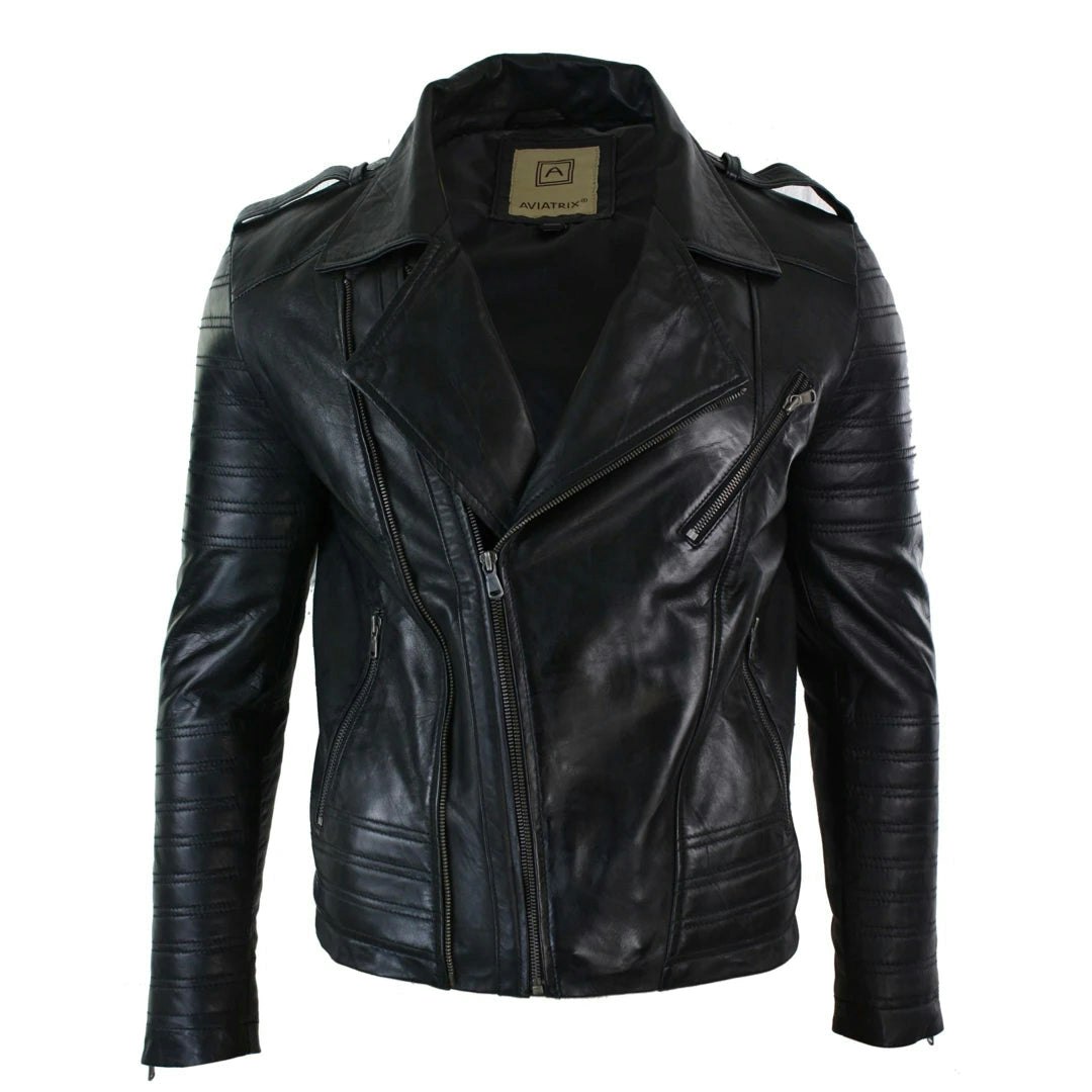 Aviatrix Men's Black Cross Zip Biker Jacket Leather Urban - 3XL