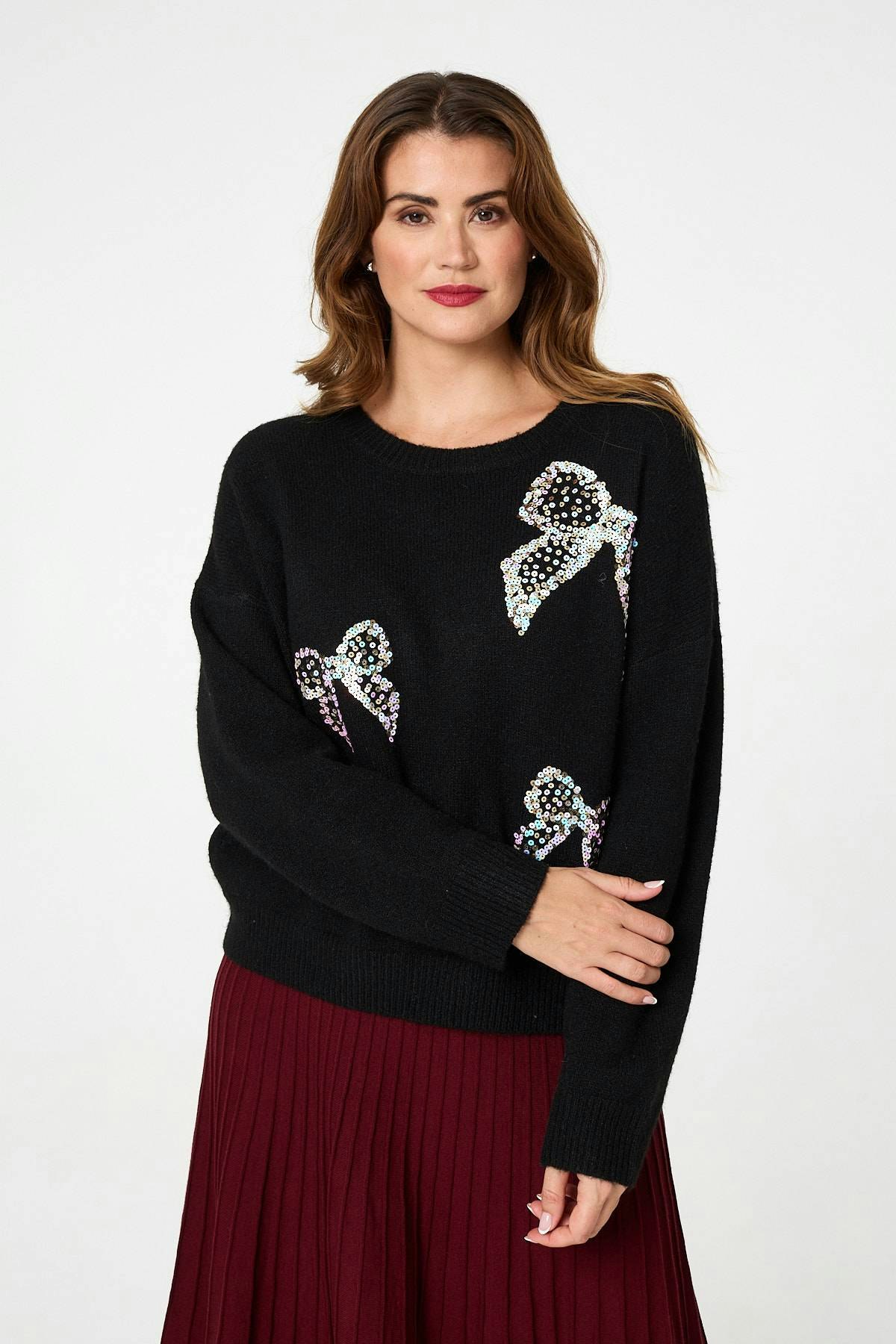 Izabel London Black Sequin Bow Detail Drop Shoulder Jumper - 14