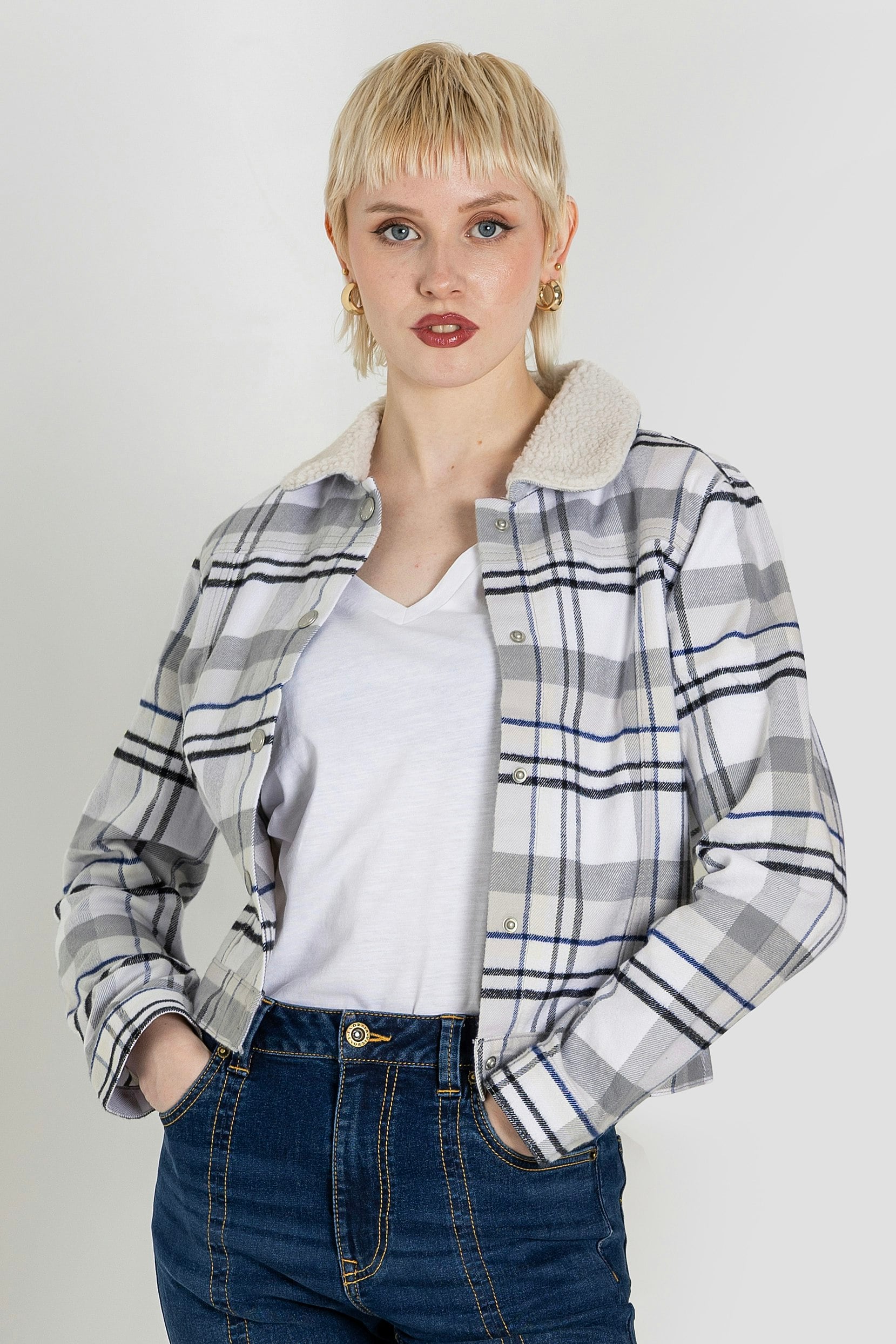 Enorsia White Plaid Check Borg Collar Shacket - 12 - 100% Cotton