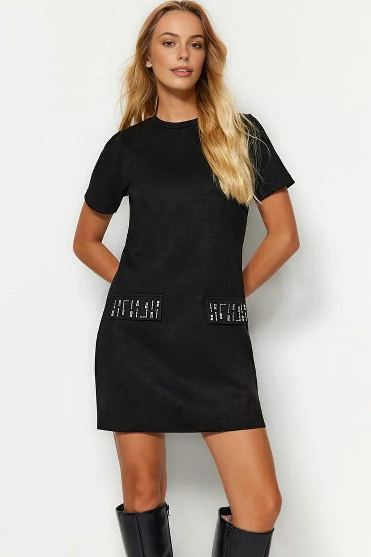 Wovcor Black Crew Neck Mini Suede Knit Dress With Stone Detail - L