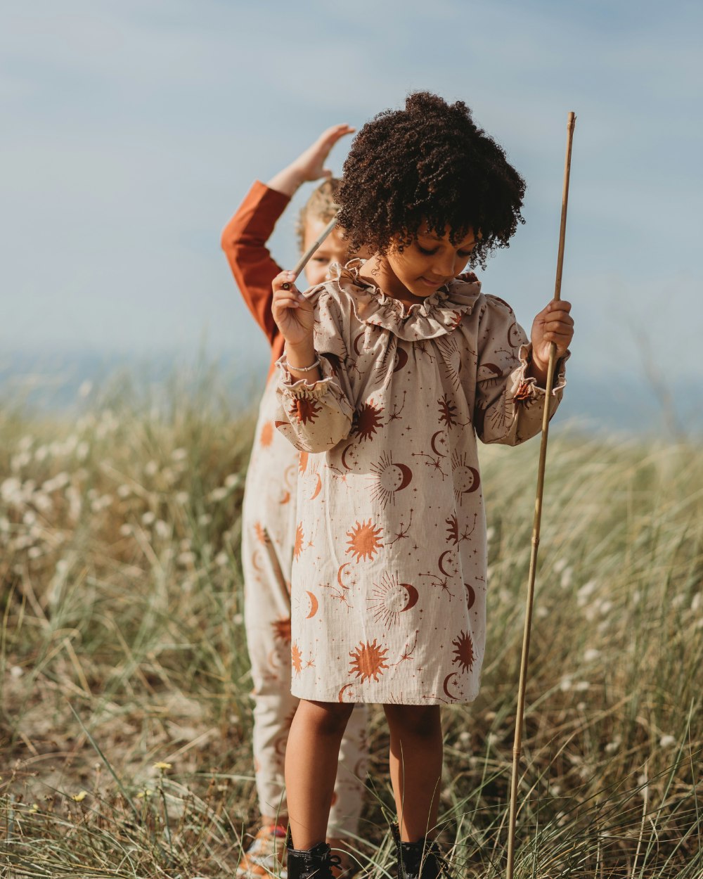 Turtledove London Beige Celestial Print Ruffle Neck Dress - Stone - 6-7 Years