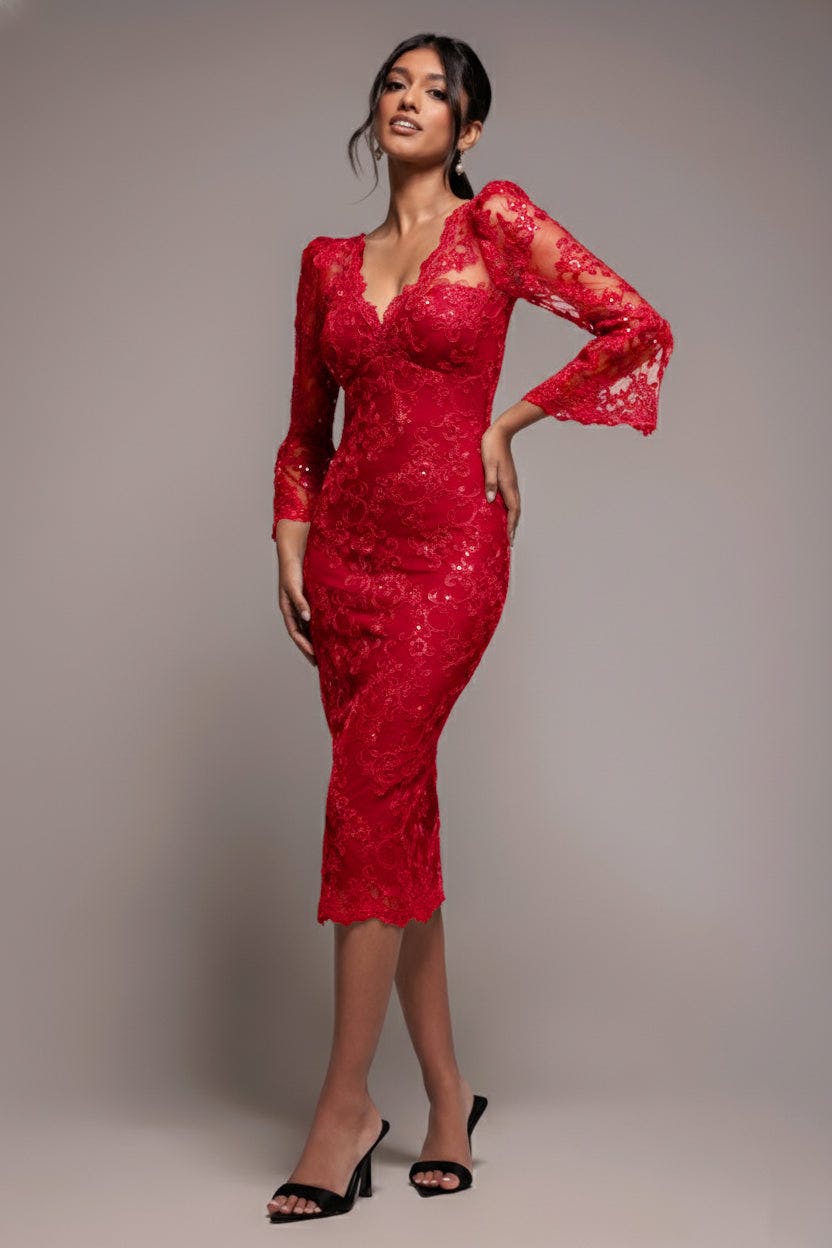 Goddiva Red Sequin Scallop Lace Midi Dress - By - 10