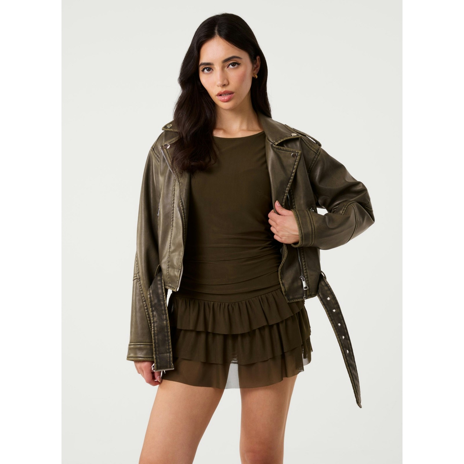 Pink Vanilla Crew Neck Tiered Mini Dress With Shorts - M - Khaki