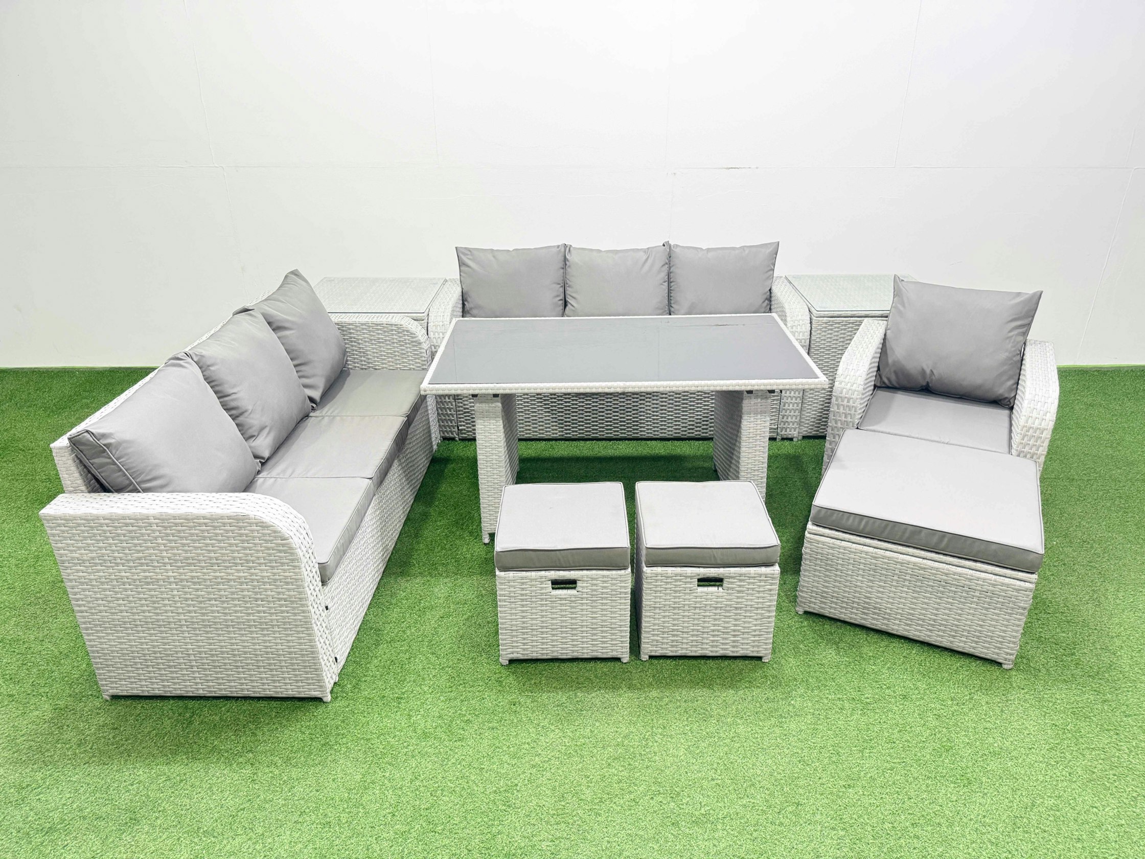 Rackhams Light/Grey Rattan Garden Furniture Dining Set 10 Seater Patio Rectangular Table Sofa Set With 2 Side Tables 3 Stools