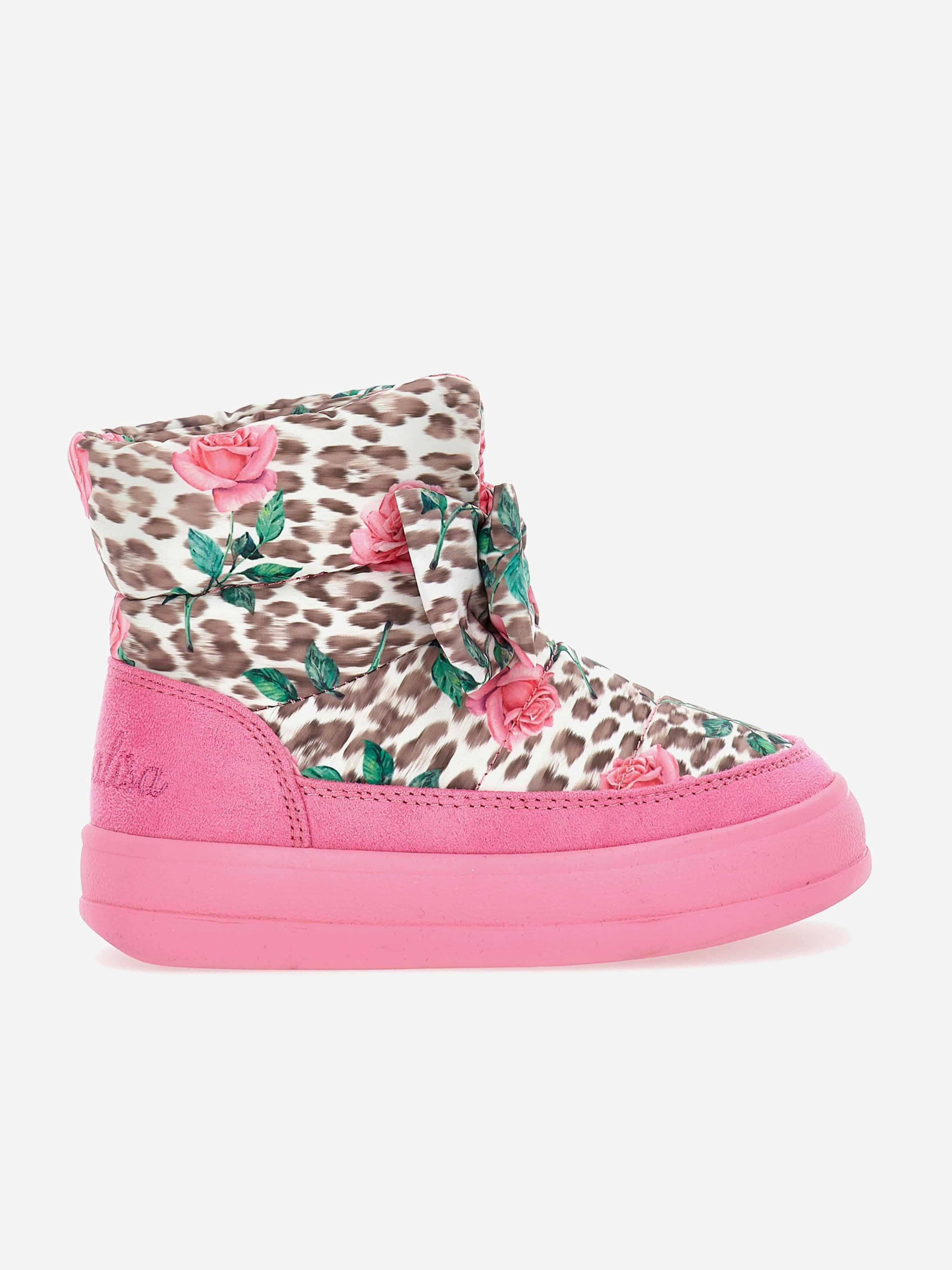 Monnalisa Girls Pink Leopard And Rose Snow Boots In - Eu 37 Uk 4