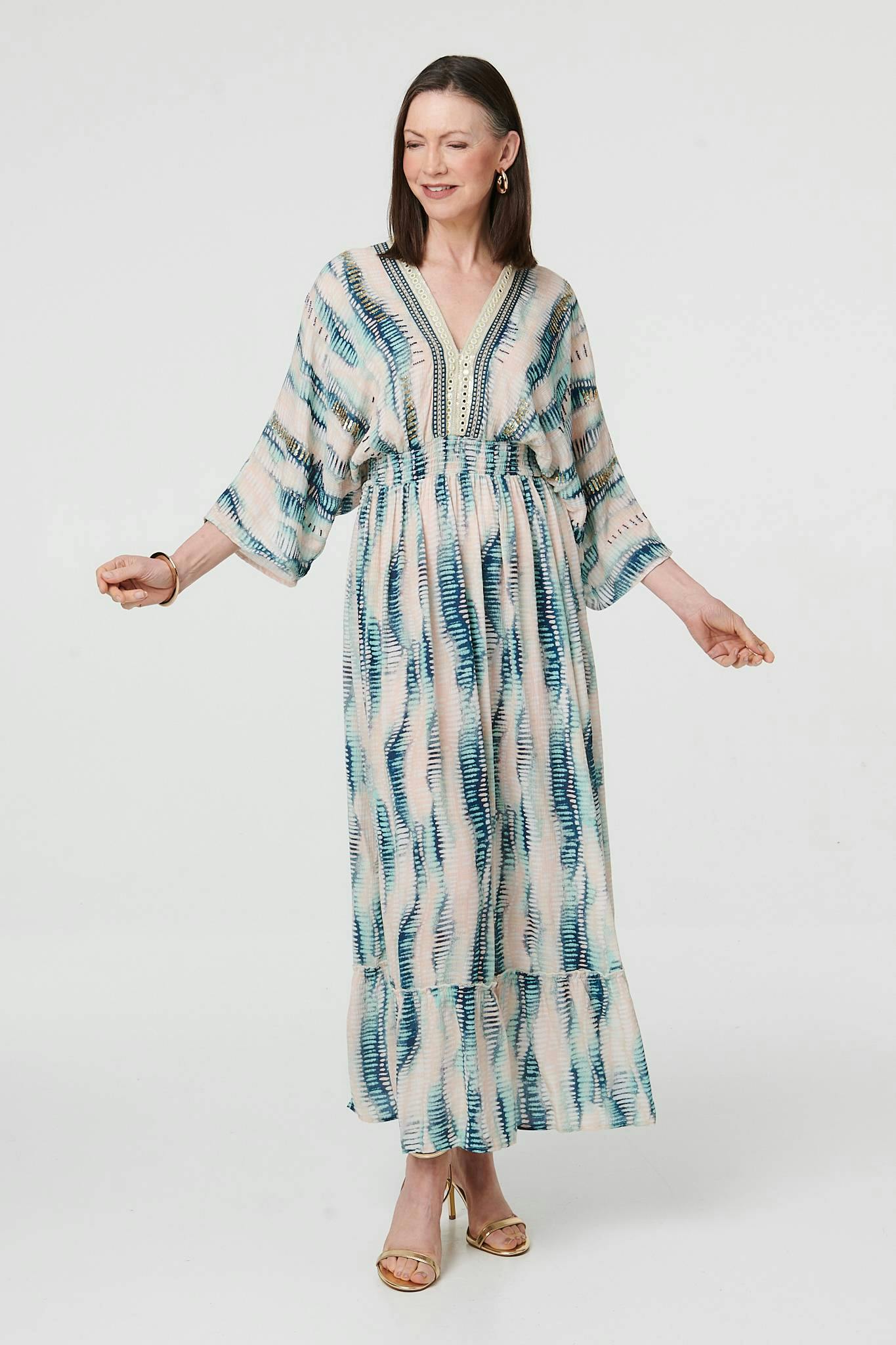 Izabel London Blue Printed 3/4 Sleeve Empire Maxi Dress - 14