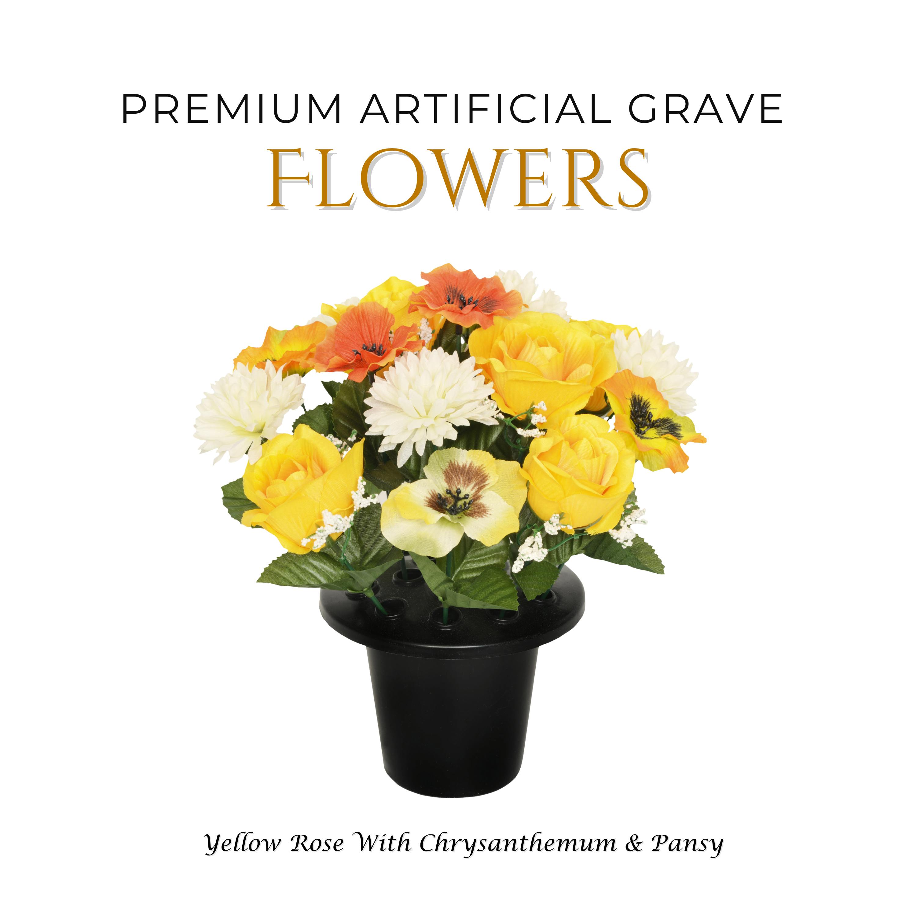 Rackhams Yellow Premium Artificial Grave Flowers – 25Cm Rose With Chrysanthemum & Pansy | Memorial Vase Pot