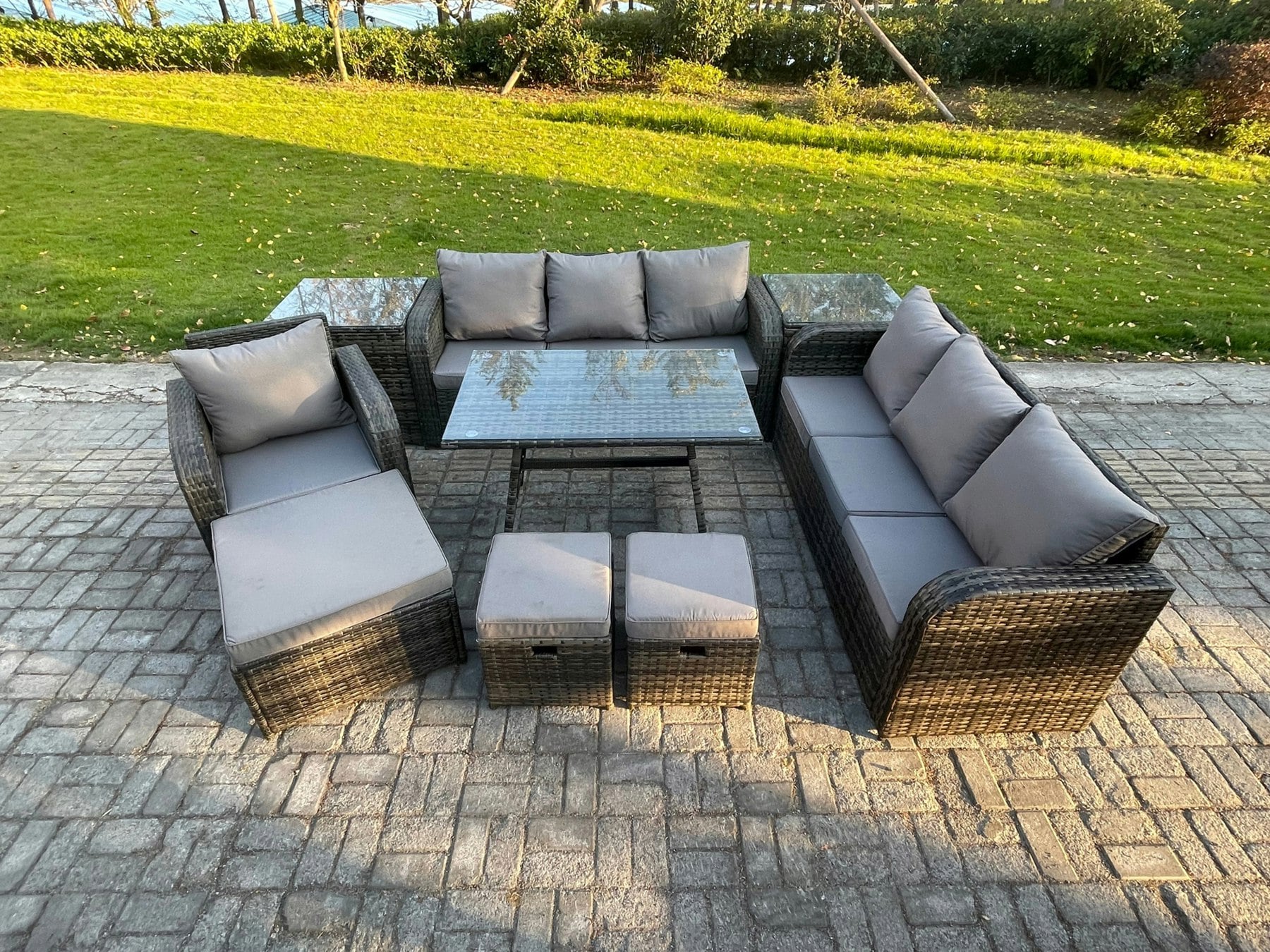 Fimous Dark/Grey Wicker 9 Pieces Rattan Garden Furniture Sofa Set With Rectangular Dining Table Armchair 3 Footstools 2 Side Tables Mixed