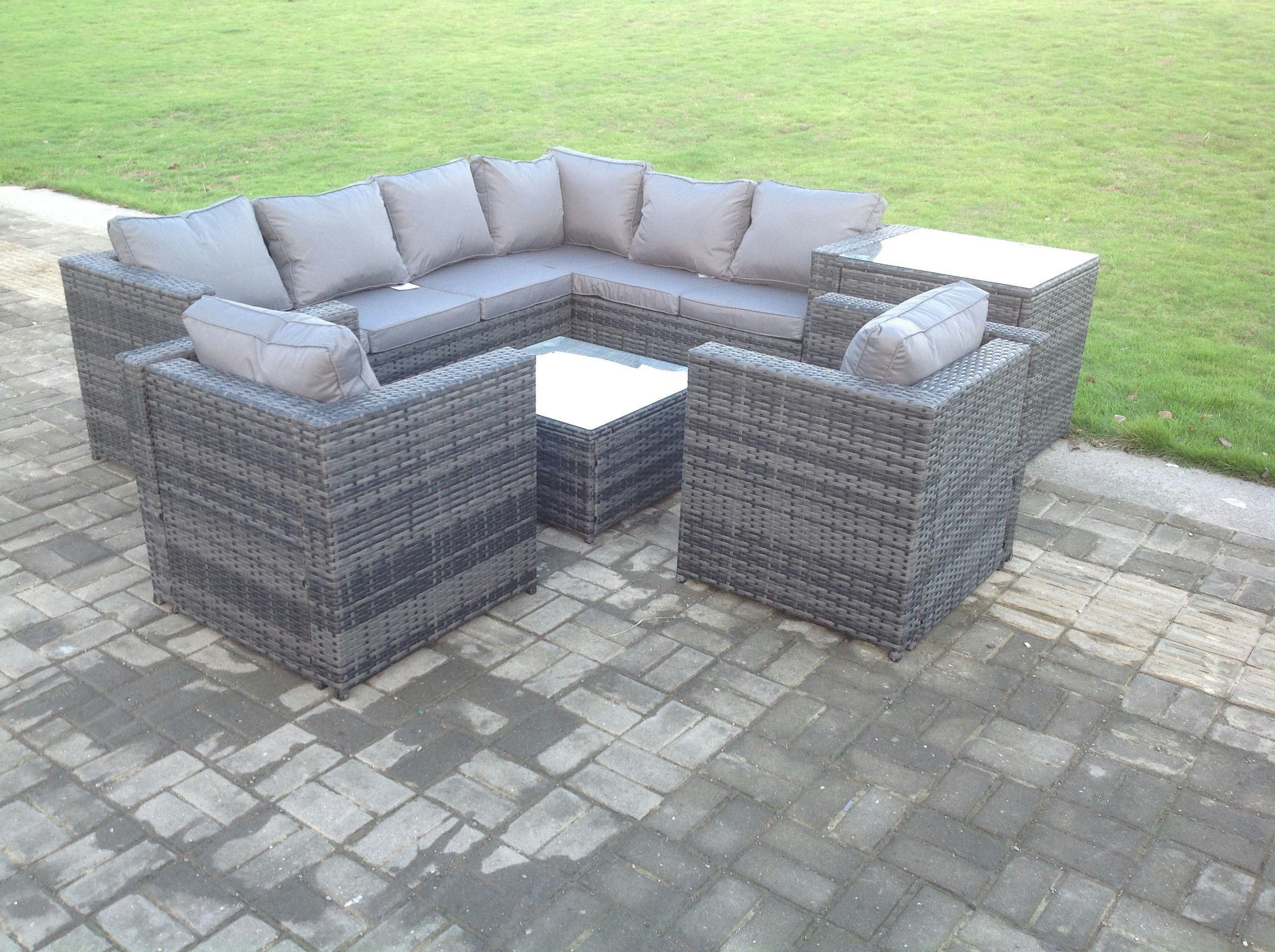 Rackhams Dark/Grey Rattan Corner Sofa Set Garden Furniture With 2 Chairs Coffee Table And Side Table