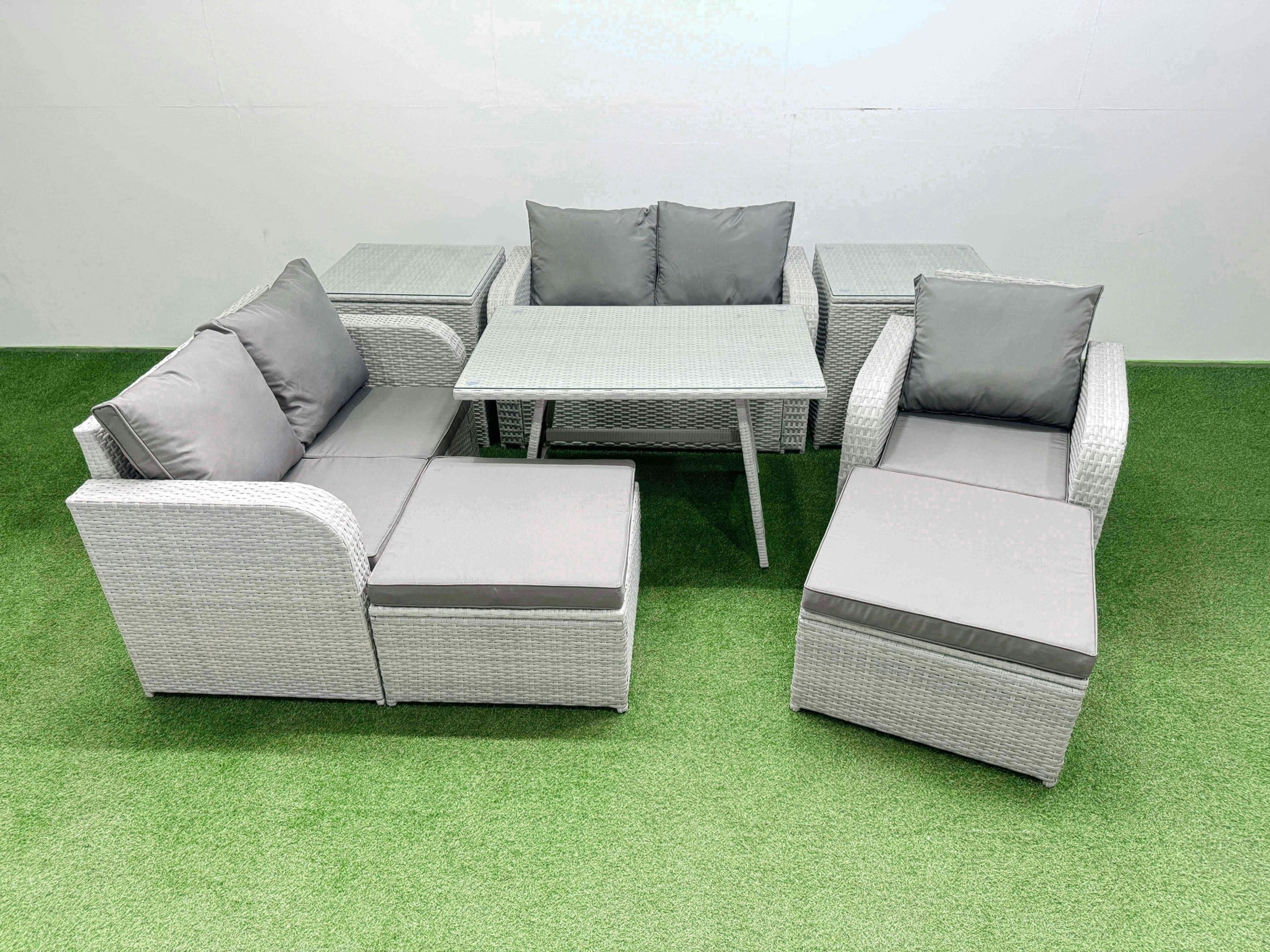 Rackhams Light/Grey 7 Seater Outdoor Rattan Garden Furniture Set Love Sofa Reclining Chair With Rectangular Dining Table 2 Side Tables 2 Big Footstools