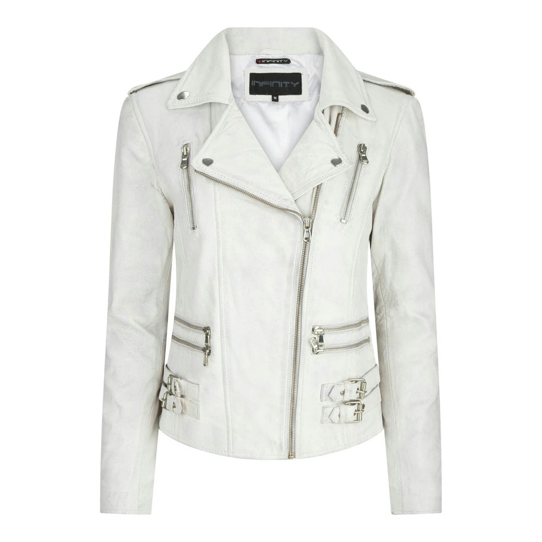 Infinity Leather Women's White Leather Company Leather Short Biker Jacket - Uk 22