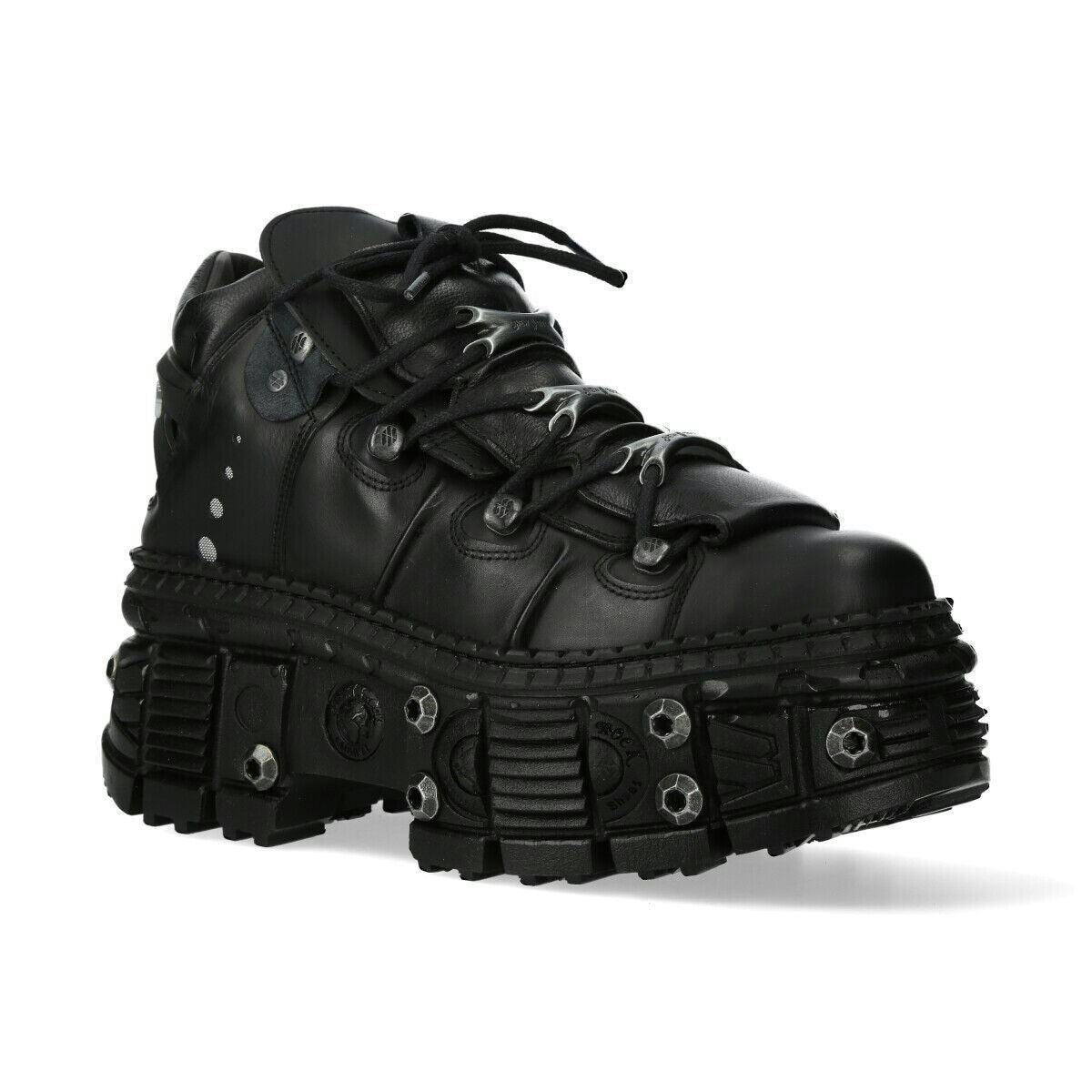 New Rock Unisex Black Goth Leather Ankle Boots-Wall106-S25 - Uk 6 | Eu 39 | Us 8.5