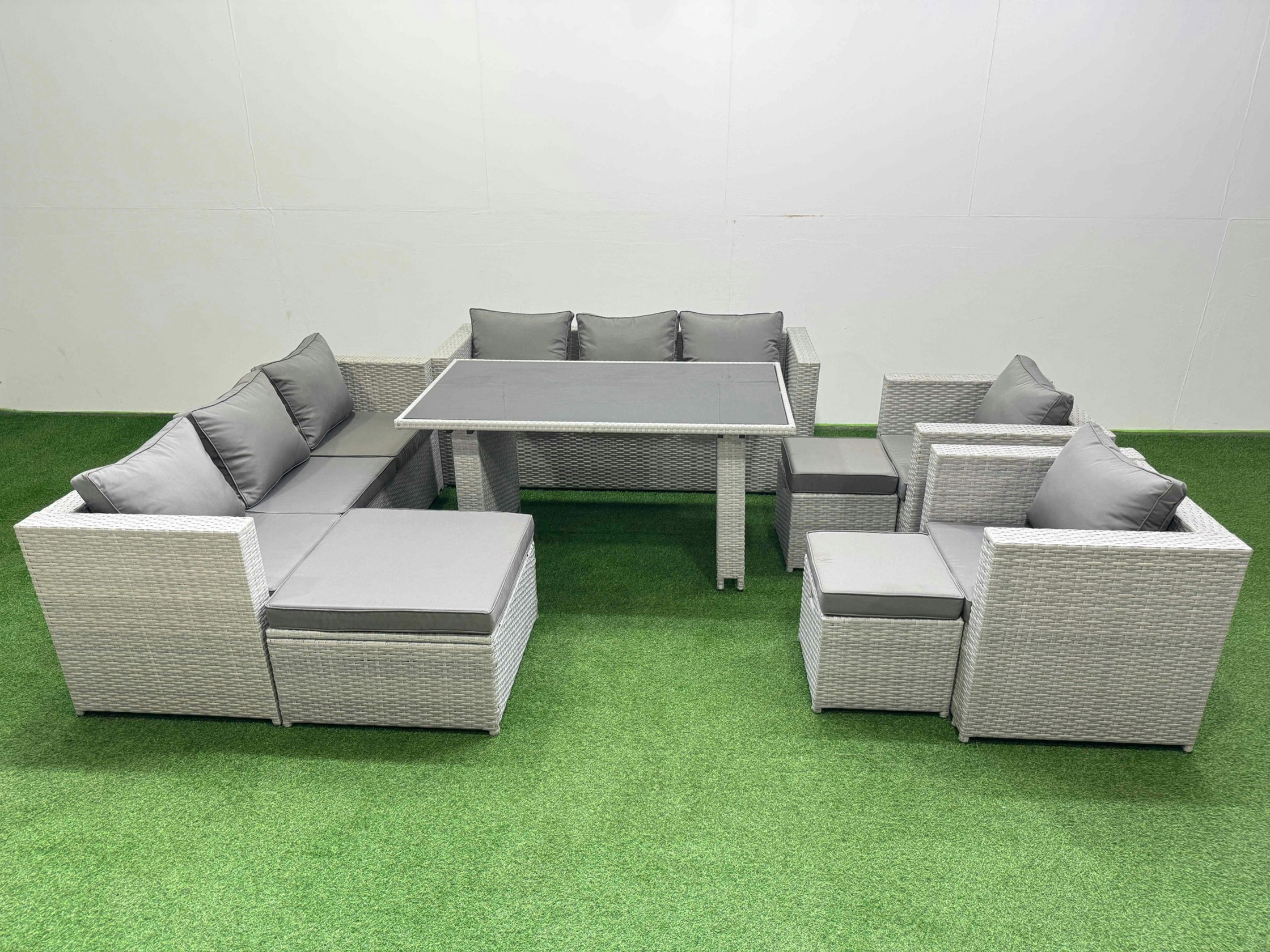 Rackhams Light/Grey 11 Seater Wicker Pe Rattan Furniture Outdoor Dining Table 3 Seater Sofa Armchair Set With 3 Stools