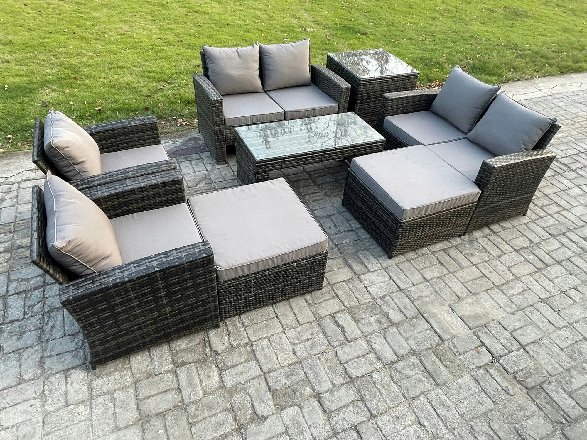 Fimous Dark/Grey 8 Seater Outdoor Rattan Patio Furniture Set Garden Lounge Sofa Set With Armchairs Side Table 2 Big Footstool Coffee Table Mixed