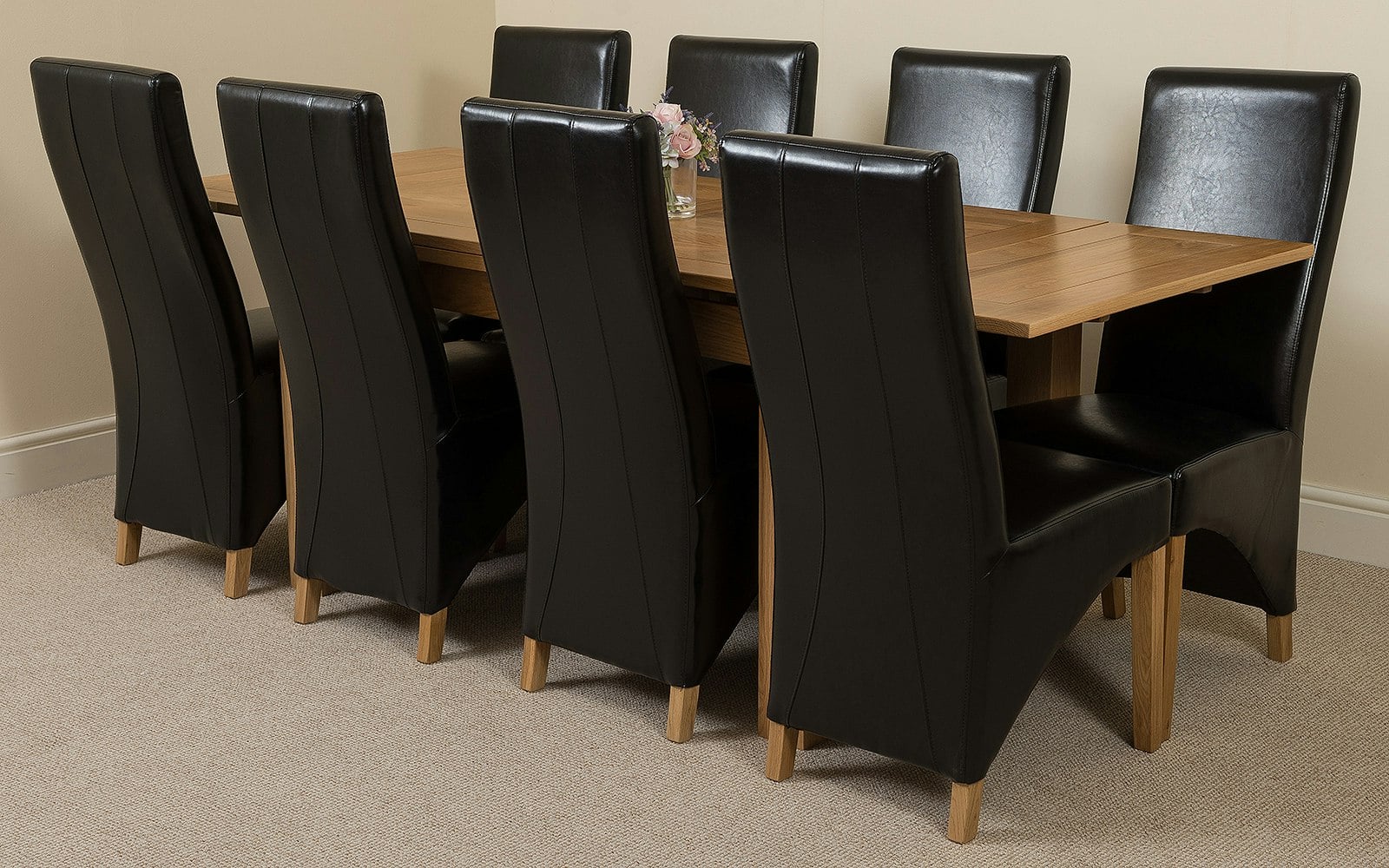 Rackhams Black Richmond Medium Oak Extendable Dining Table With Lola Leather Chairs - 8 Chairs
