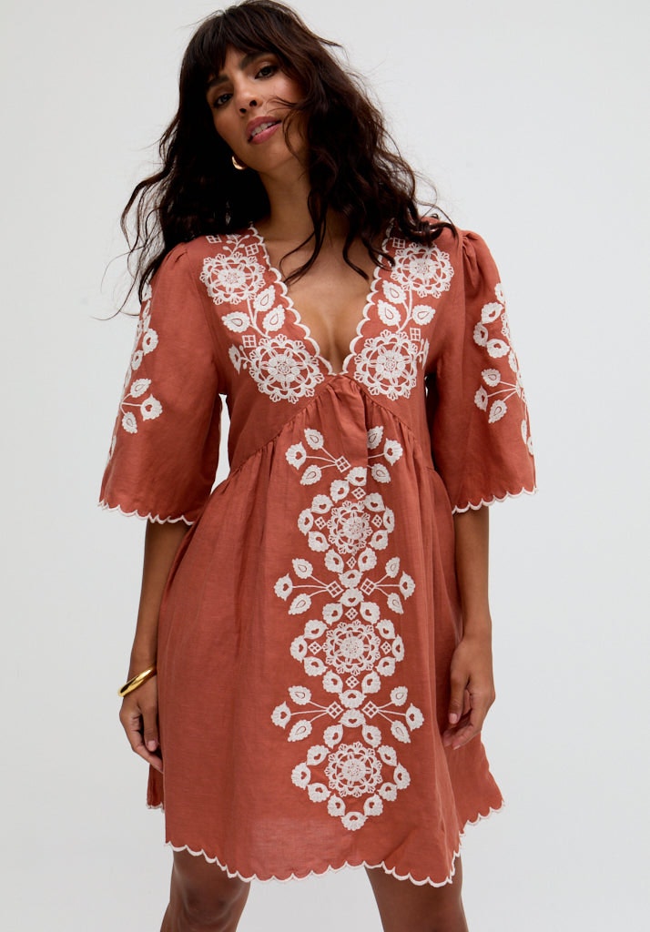 Raffya Brown Arabella V- Neck Embroidered Mini Dress In - 10