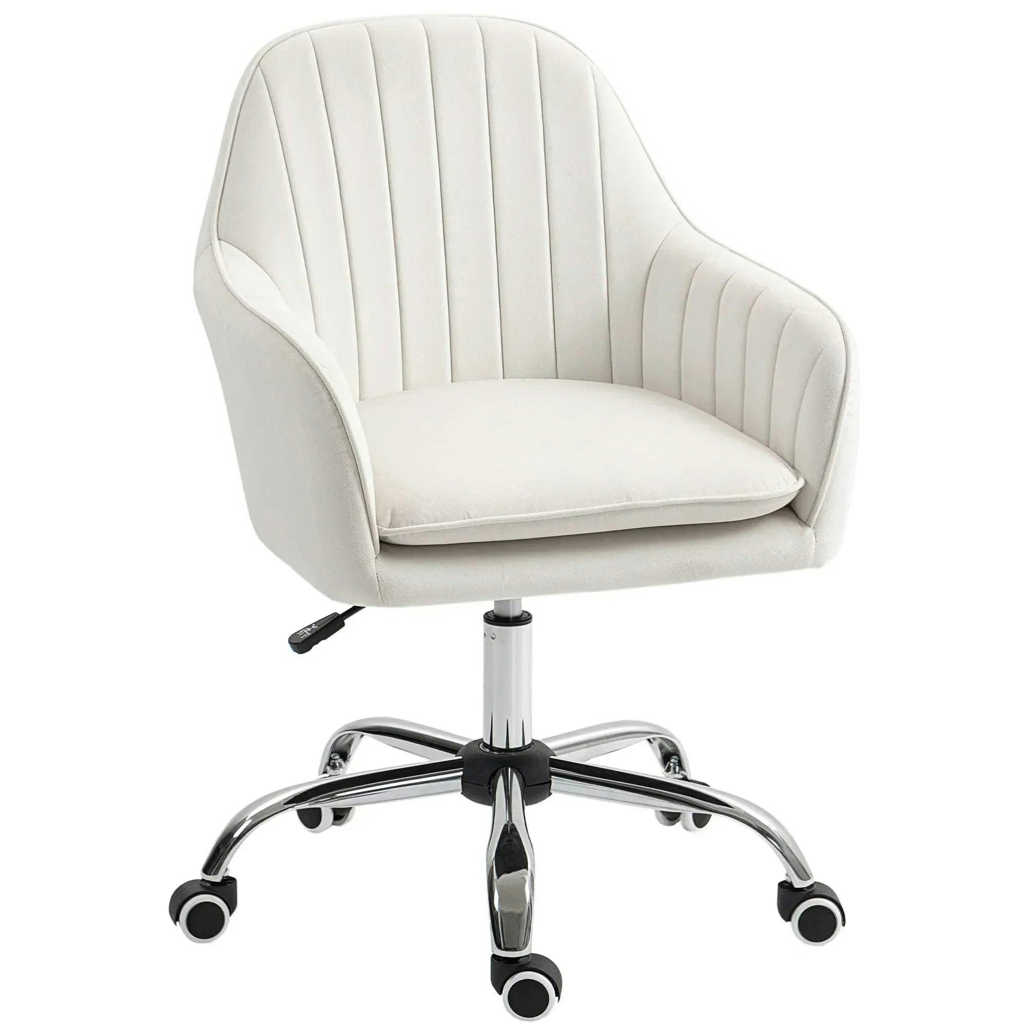 HOMCOM Swivel Desk Chair - Cream White - Velvet Feel Upholstery - Adjustable Height - 5 Wheels - Image 4