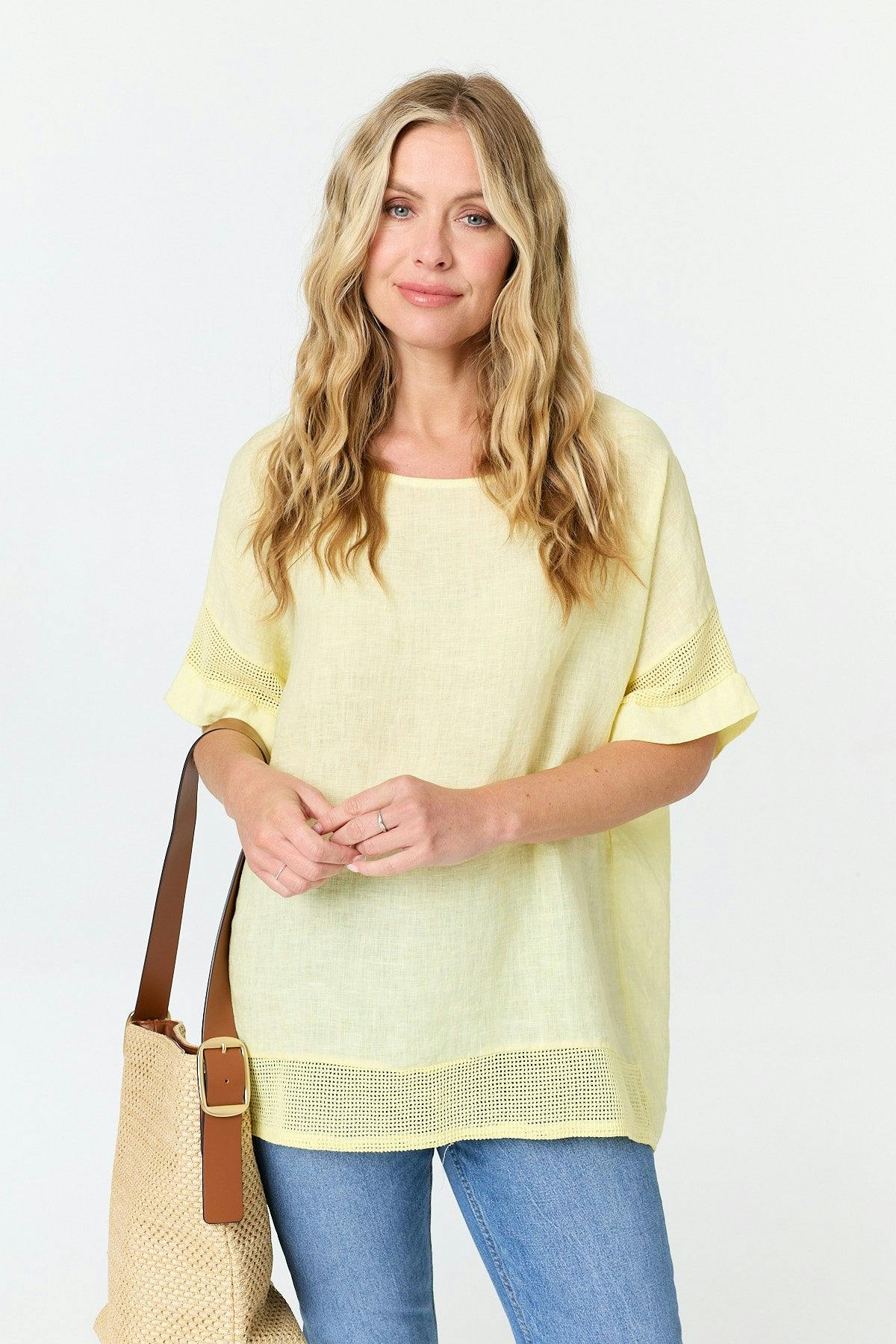 Izabel London Yellow Textured 1/2 Sleeve Relaxed Top - S