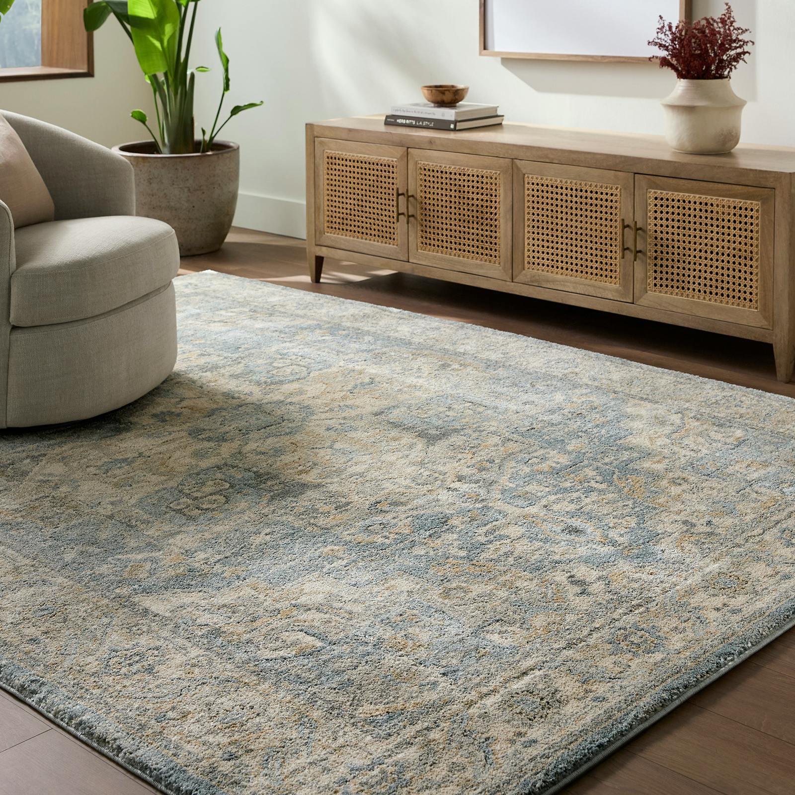 Livabliss Beige/Blue/Grey Avellino-Vintage Traditional Boho High Pile Rug - 200 X 280 Cm