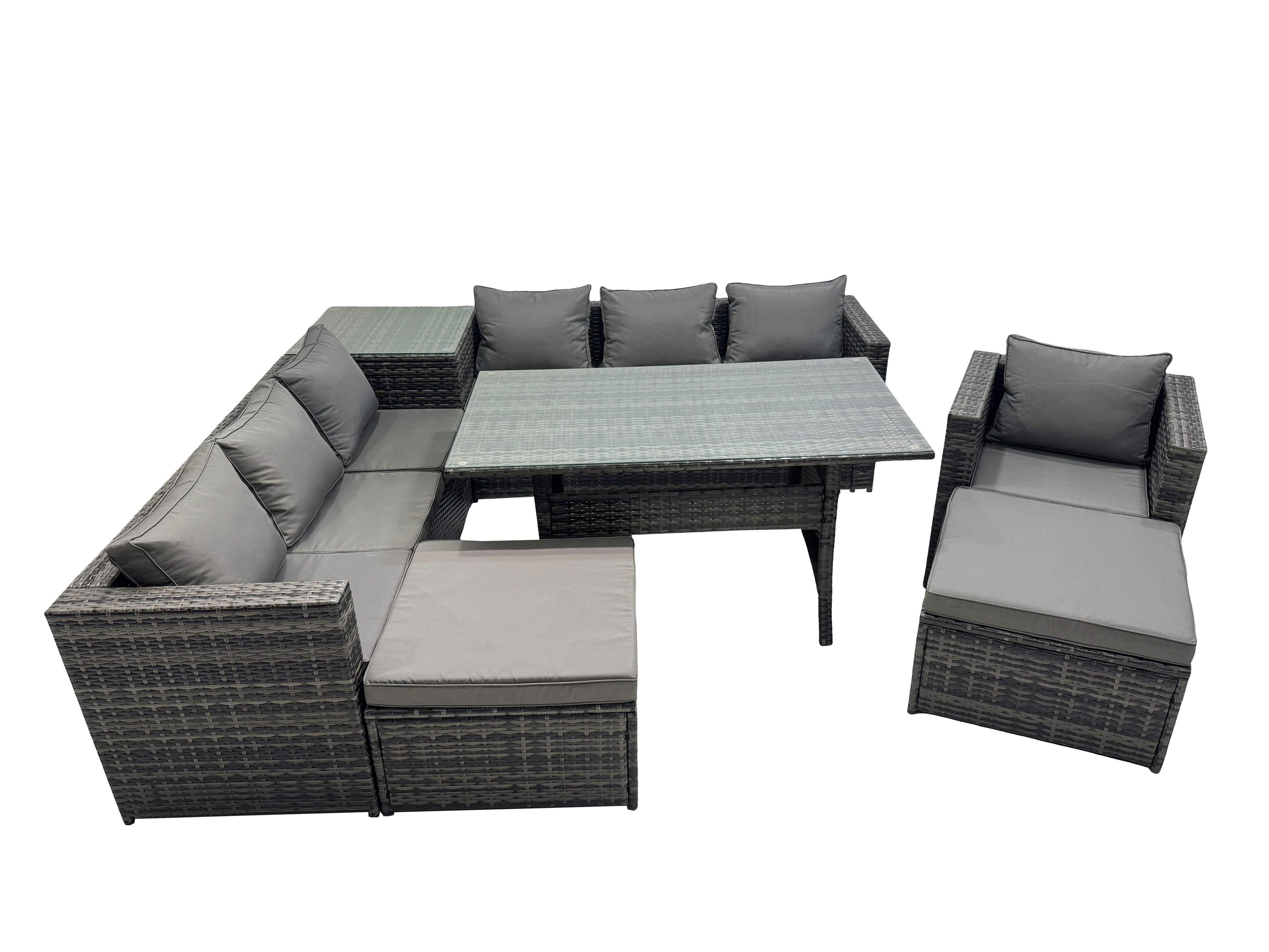 Fimous Dark/Grey 9 Seater Outdoor Corner Sofa Chair Dining Table Set Garden Rattan Furniture Set With Side Table 2 Big Stool