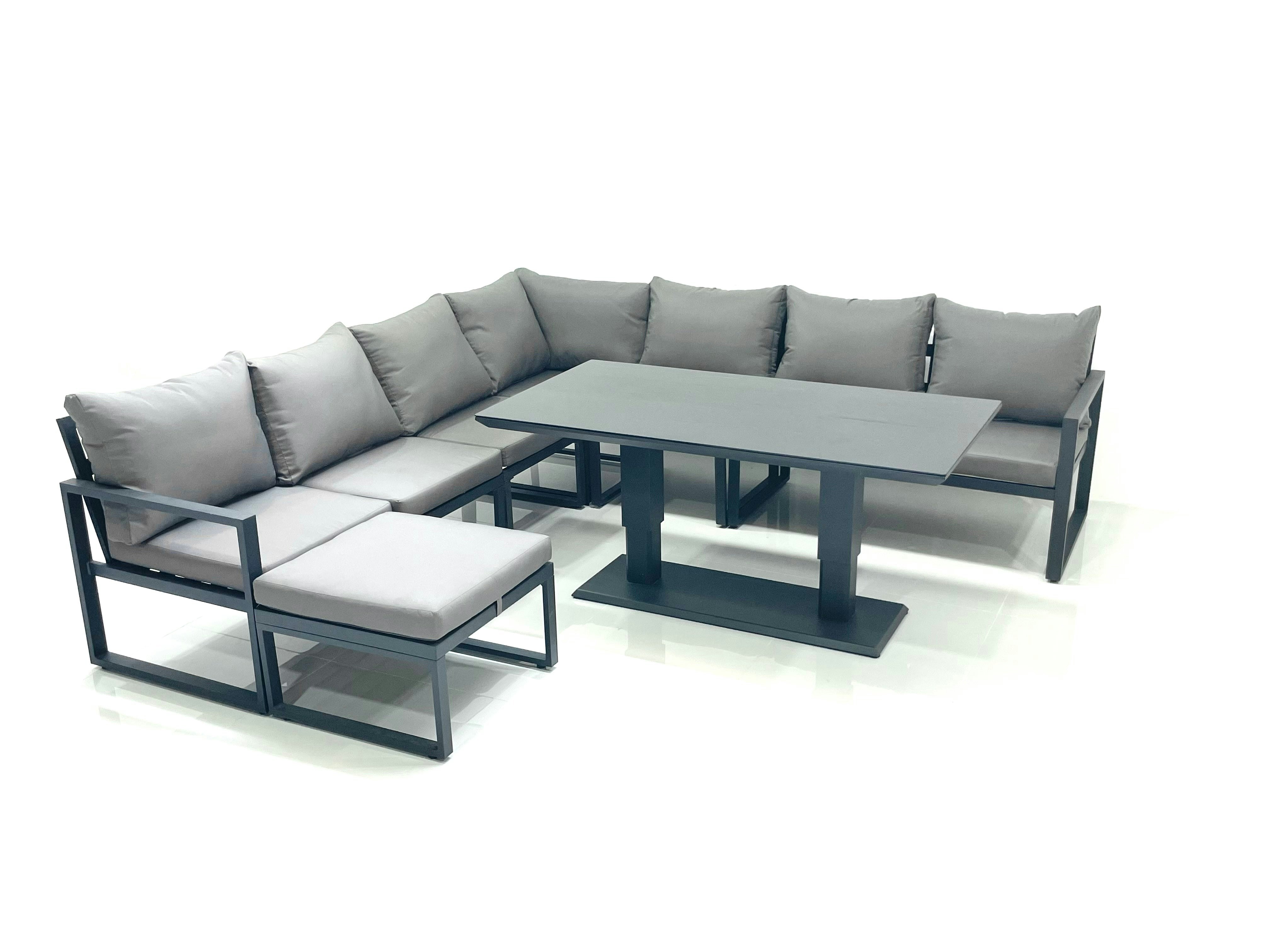 Rackhams Dark/Grey 8 Seater Outdoor Aluminum Garden Furniture Set Corner Sofa Big Footstool Adjustable Rising Lifting Dining Table Sets
