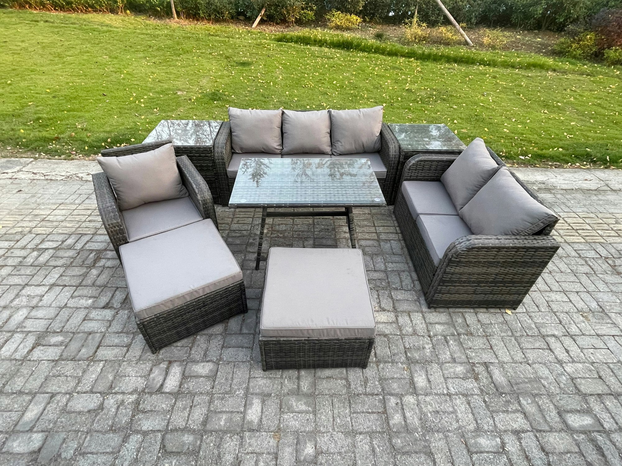 Rackhams Dark/Grey 8 Piece Mixed Rattan Outdoor Dining Set - Rectangular Dining Table, Armchair, 2 Big Footstools & 2 Side Tables