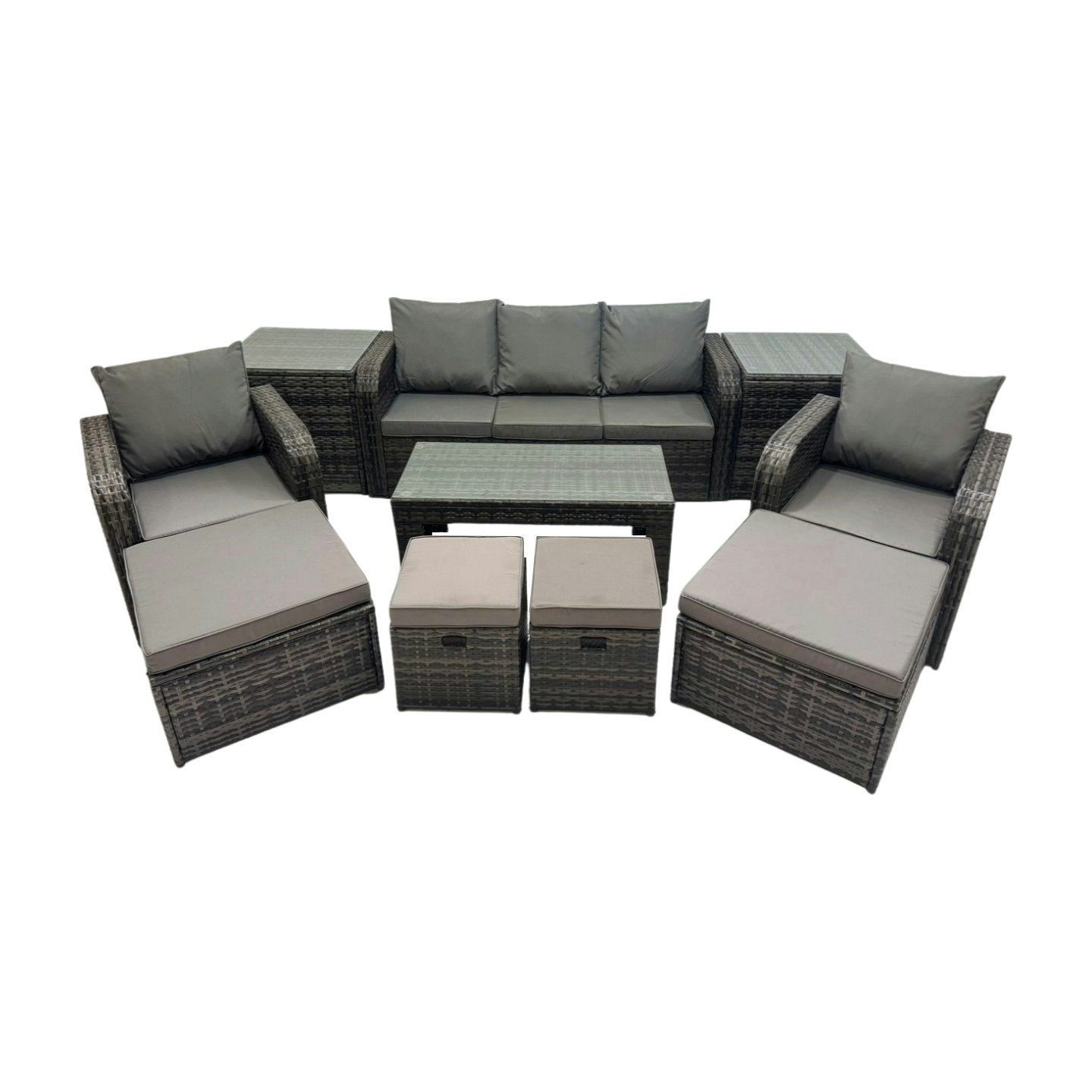Rackhams Dark/Grey Rattan Garden Outdoor Furniture Set 3 Seater Sofa Reclining Chair Coffee Table With 2 Side Tables 4 Footstools Mixed