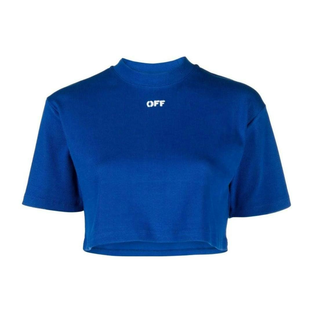 Off-White Women's White/Blue Off- Off Stamp Ribbed Crop T-Shirt - S - 95% Cotton/5% Elastane