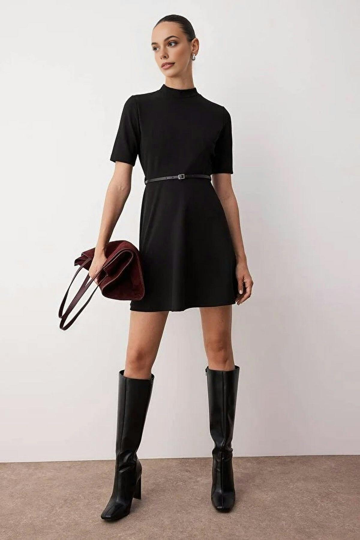Wovcor Black Stand Collar Skater Mini Knit Dress - Xl