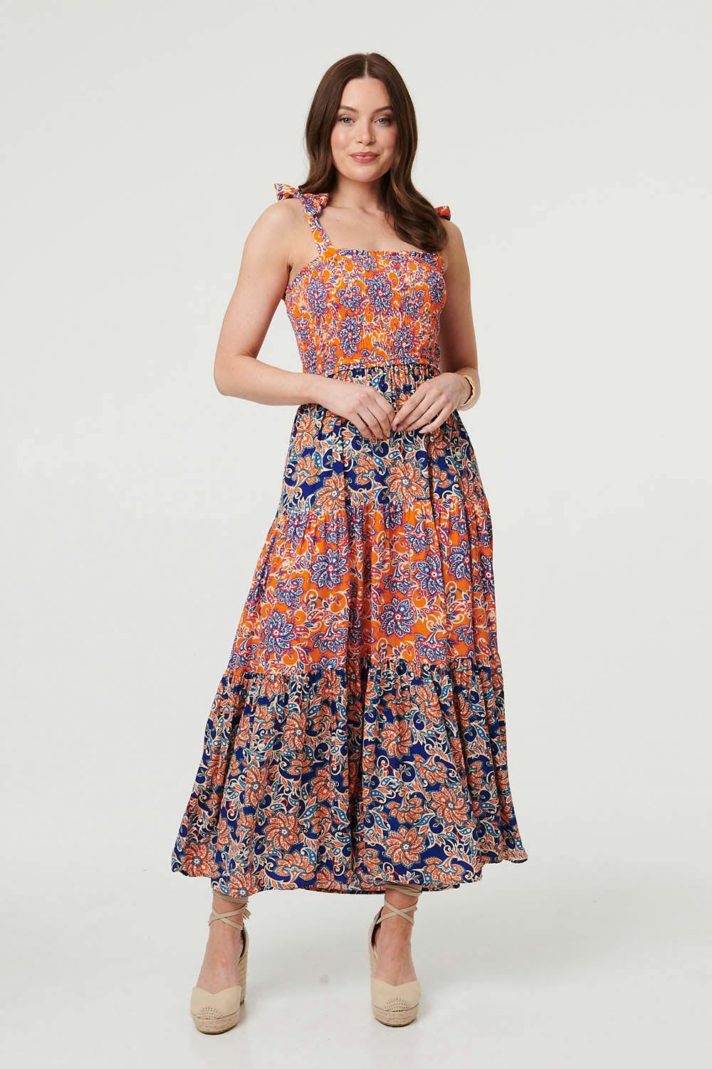 Izabel London Orange Floral Tiered Tie Strap Maxi Sun Dress - 18