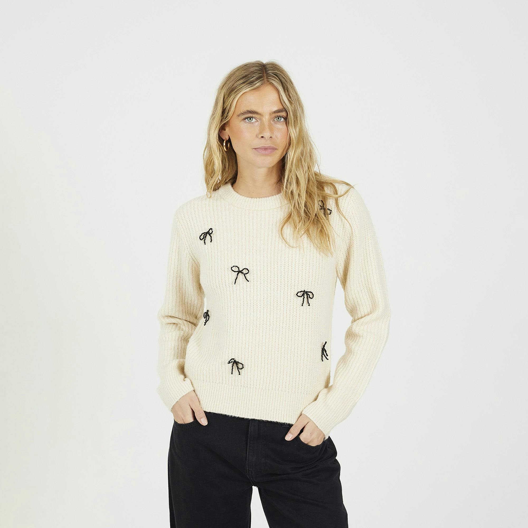 Brave Soul Cream Crew Neck Jumper With Jewel Bow Detail - L