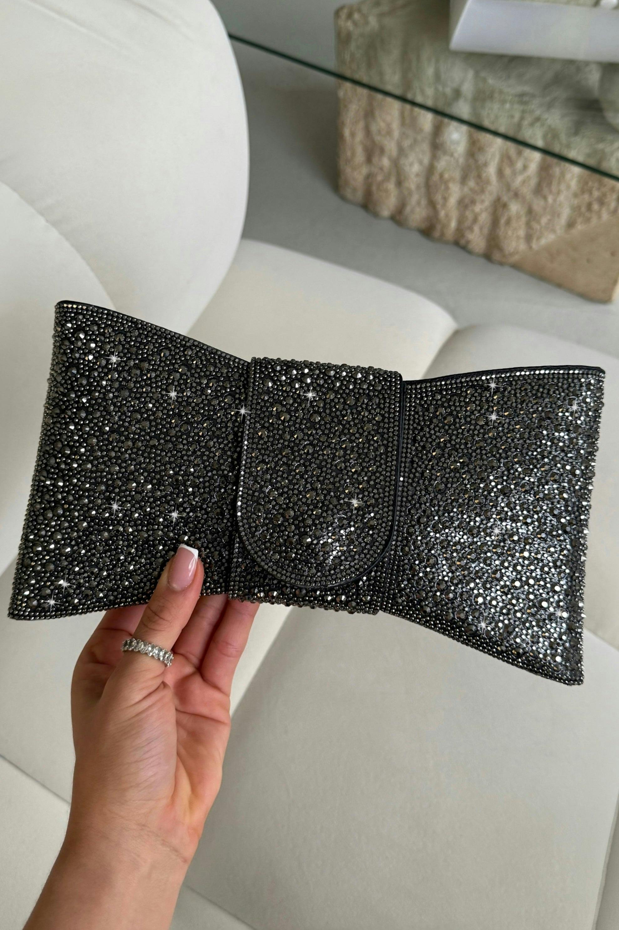 Love Lemonade Black Crystal Luxe Bow Clutch Bag
