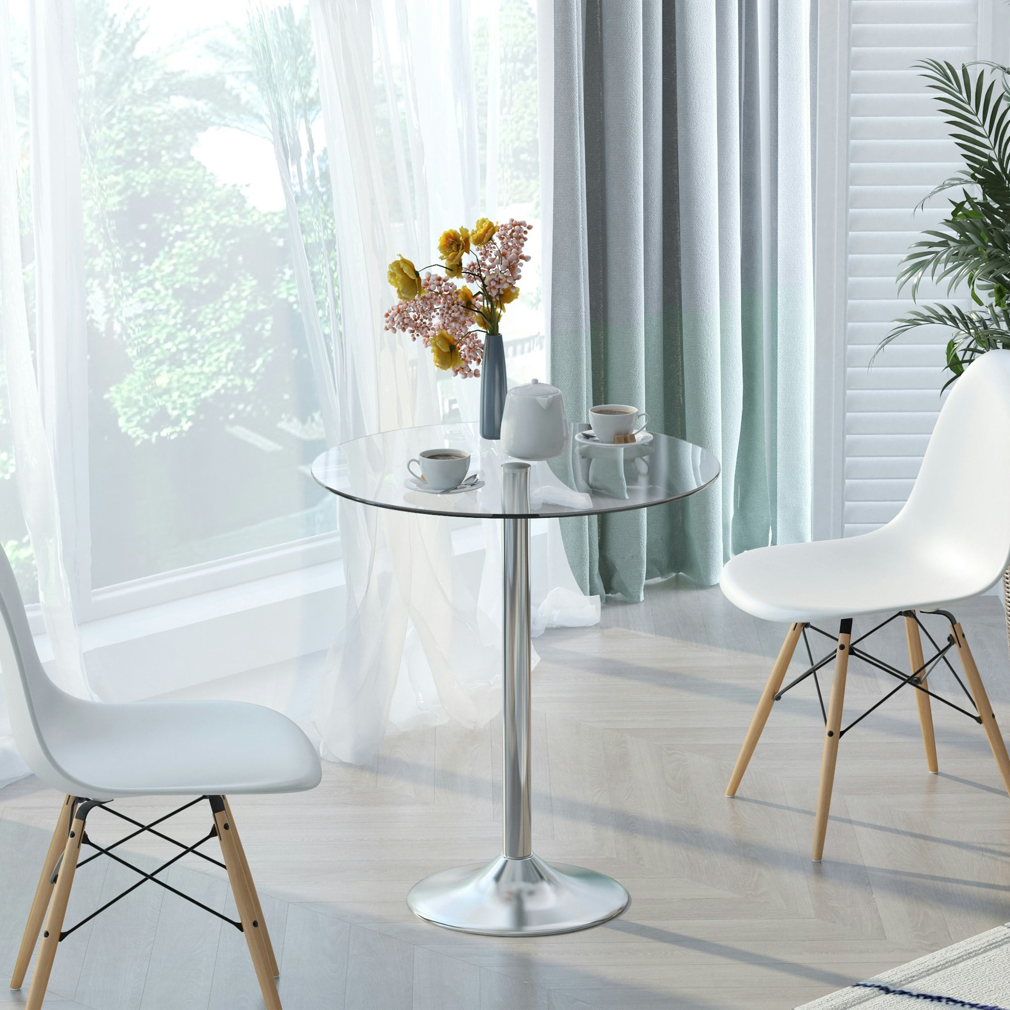 Homcom Round Dining Table Bistro Pub Counter W/ Tempered Glass Top For Kitchen