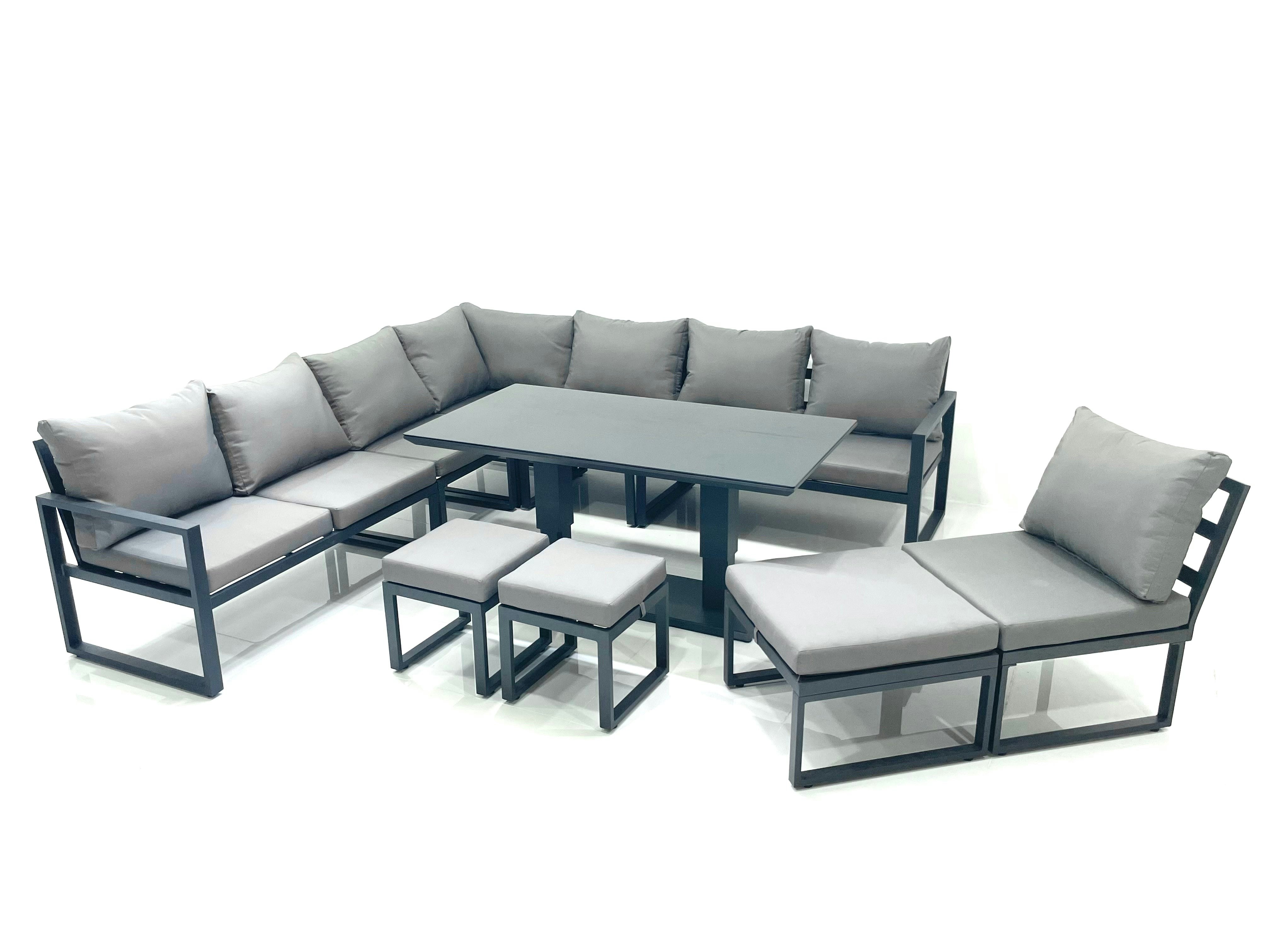 Fimous Dark/Grey 11 Seater Outdoor Aluminium Garden Furniture Set Corner Sofa 3 Footstools Rising Lifting Dining Table Sets