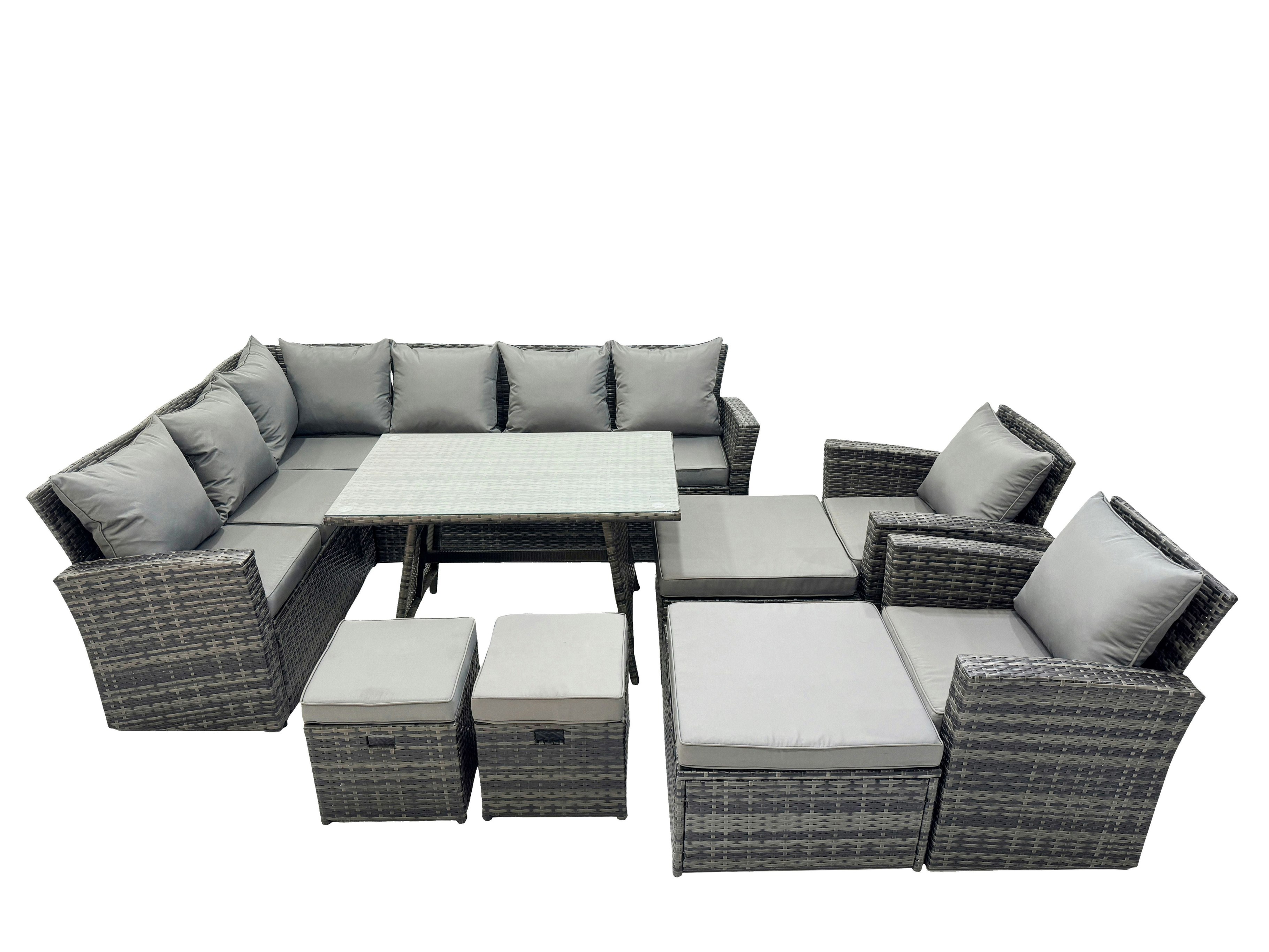 Rackhams Dark/Grey 11 Seat Rattan High Back Corner Sofa Set Patio Dining Table Set With 4 Stools 2 Chairs Mixed