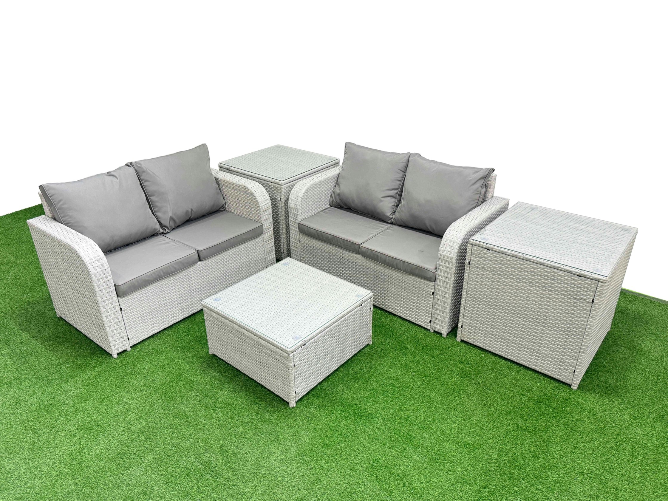 Rackhams Light/Grey 4 Seater Outdoor Love Sofa Set Rattan Garden Furniture Set With Square Coffee Table 2 Side Tables