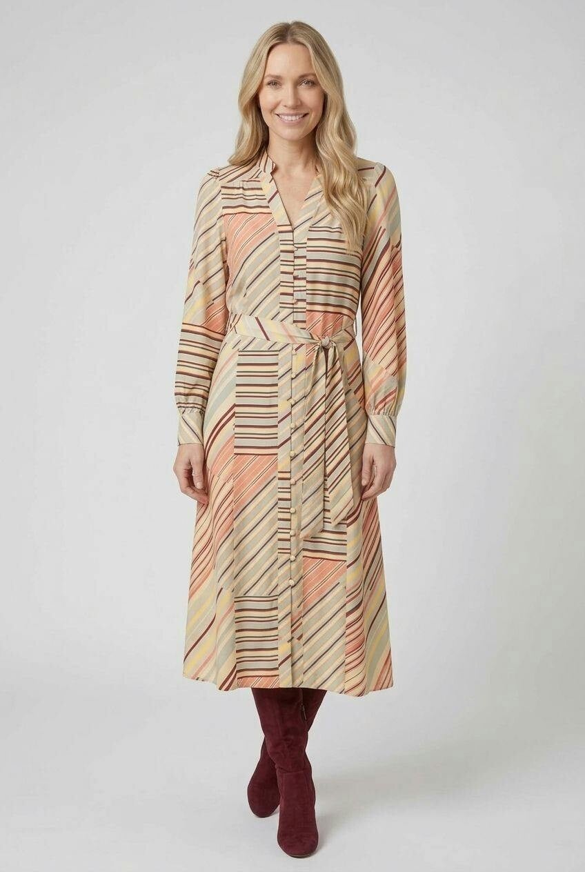 Izabel London Striped Long Sleeve Tie Waist Midi Dress - 18 - Sage