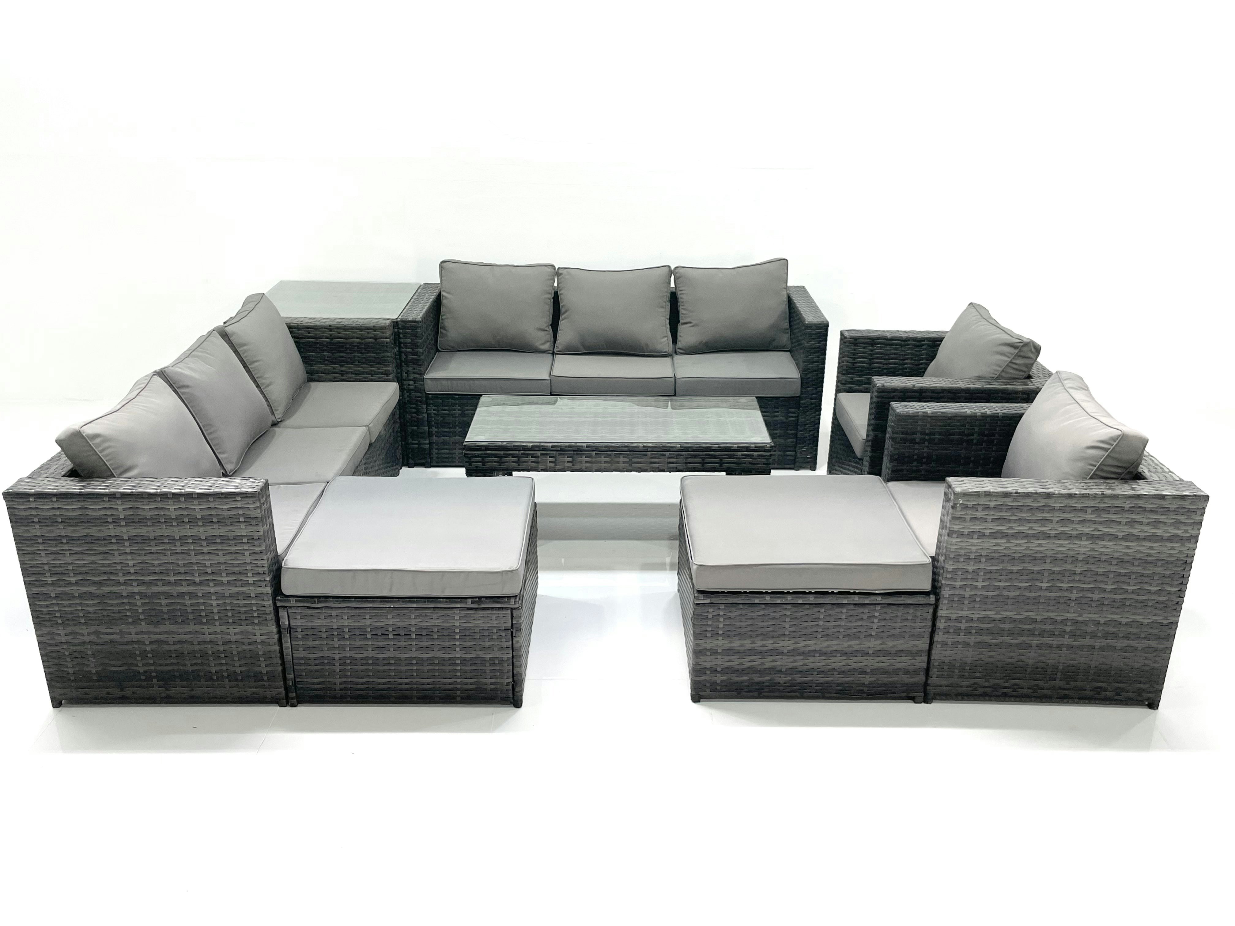 Fimous Dark/Grey Rattan Garden Furniture Sofa Set With Coffee Table Armchair Side Table 2 Big Footstools Mixed