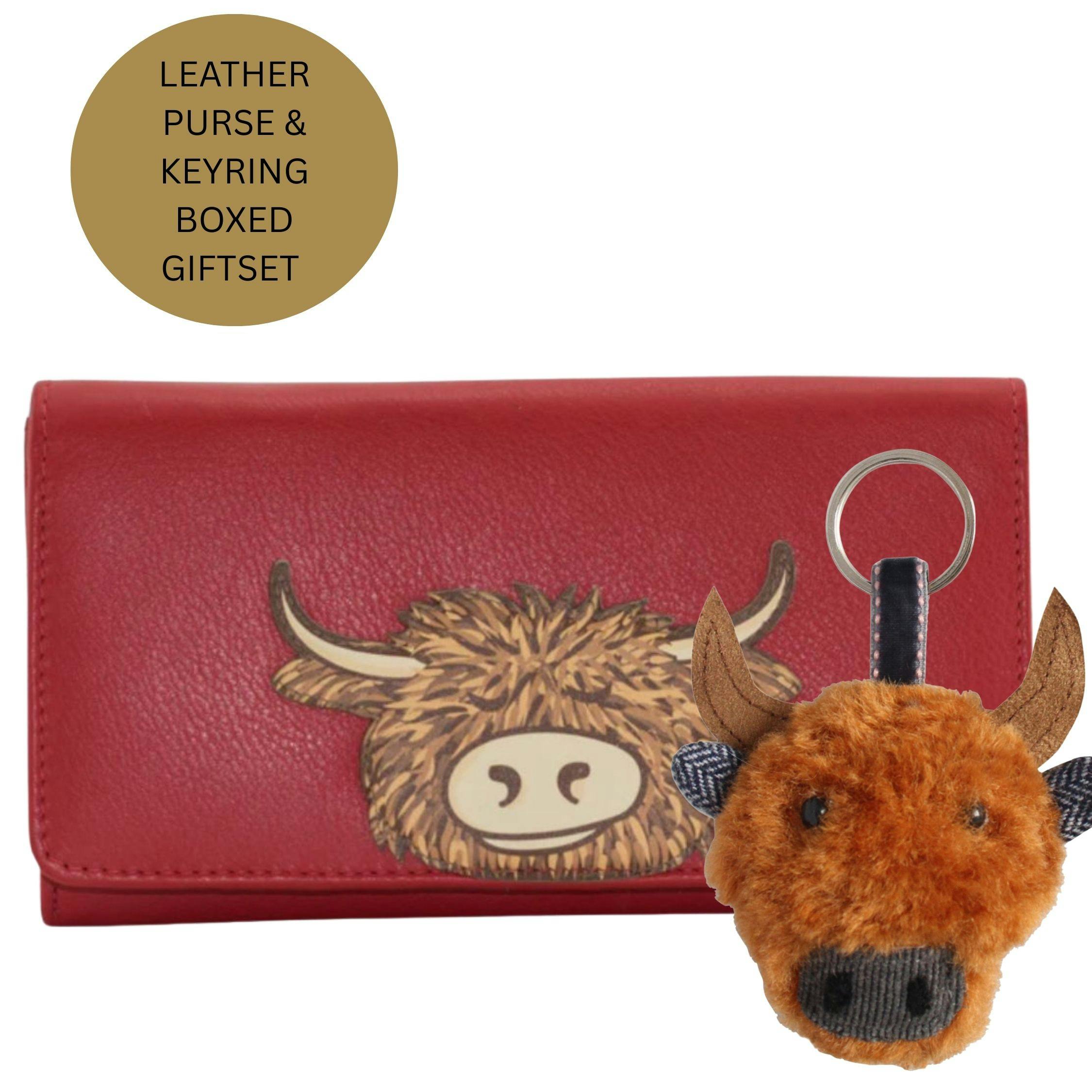 Love Emvy Red Leather Highland Cow Purse & Keyring Gift Set